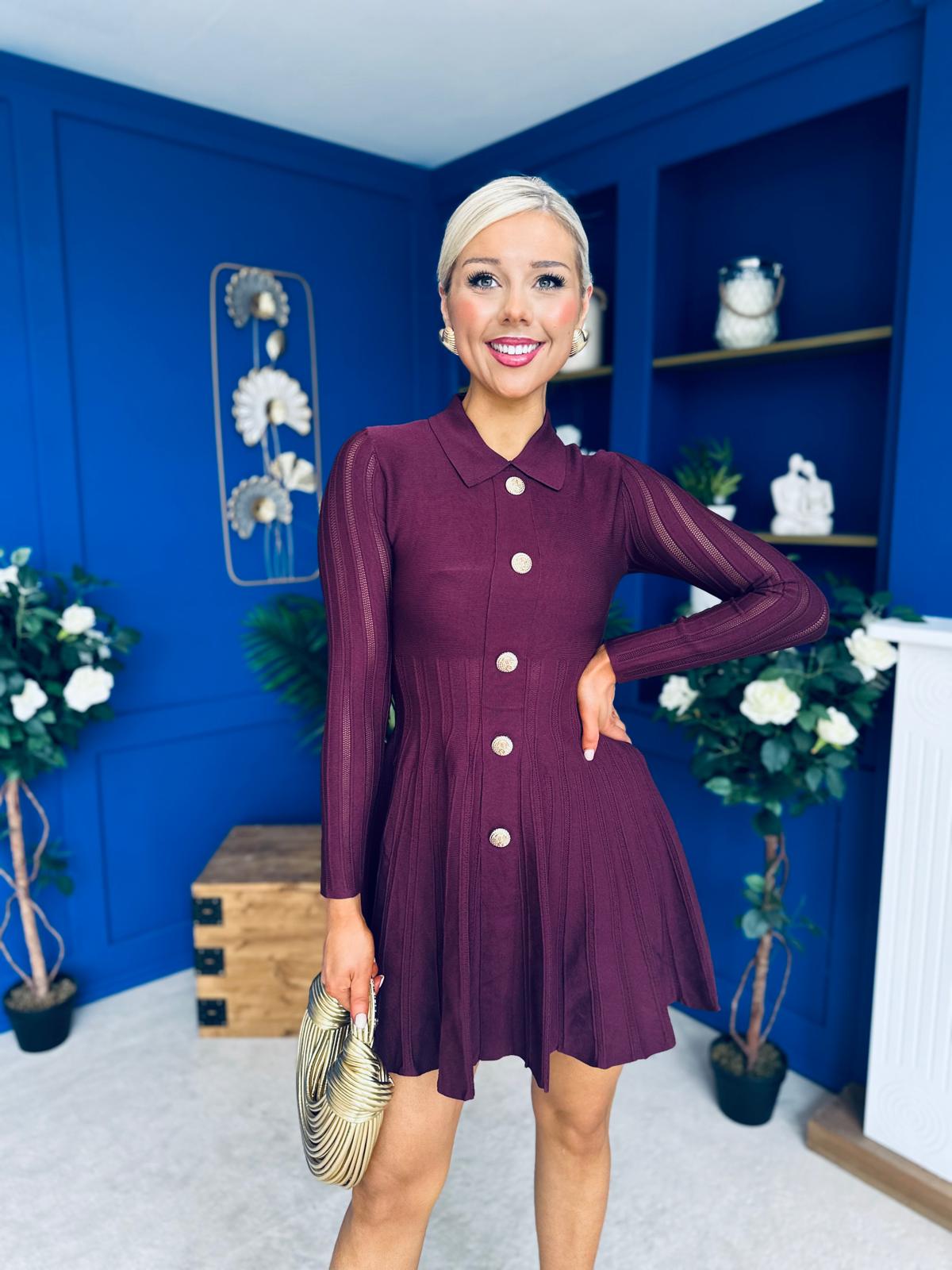 Rhea Button Detail Mini Dress Burgundy
