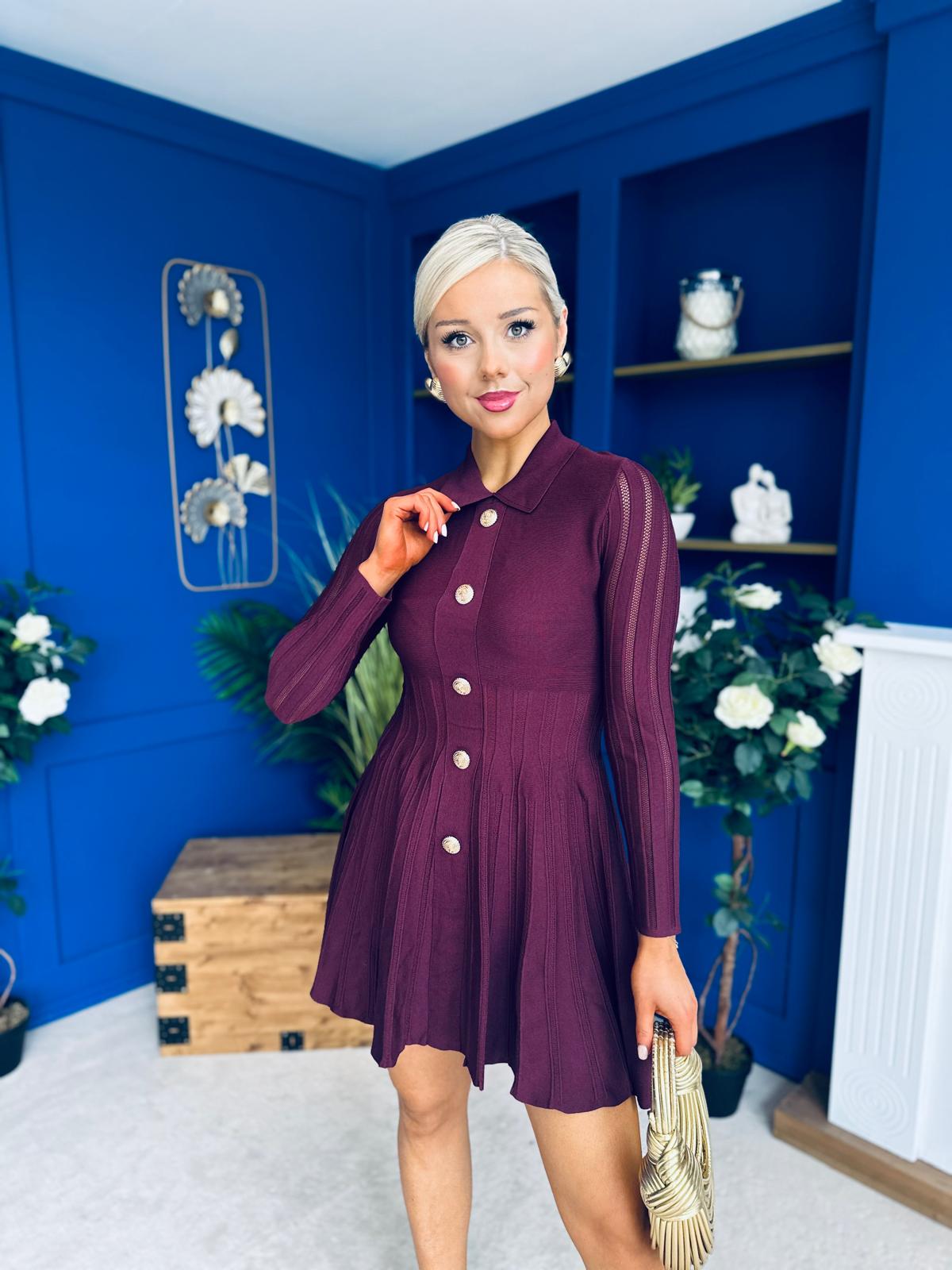Rhea Button Detail Mini Dress Burgundy