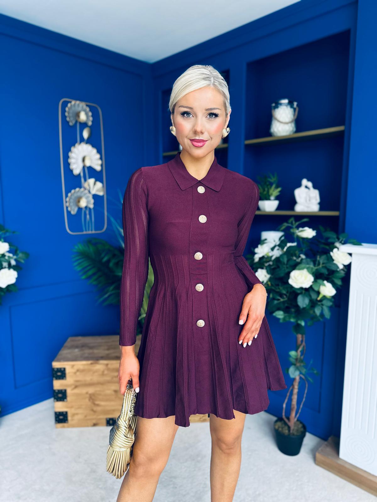 Rhea Button Detail Mini Dress Burgundy