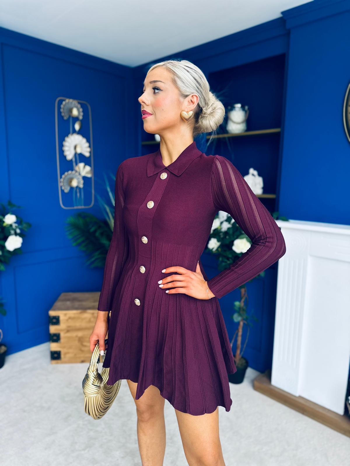 Rhea Button Detail Mini Dress Burgundy