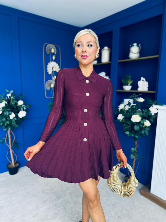 Rhea Button Detail Mini Dress Burgundy