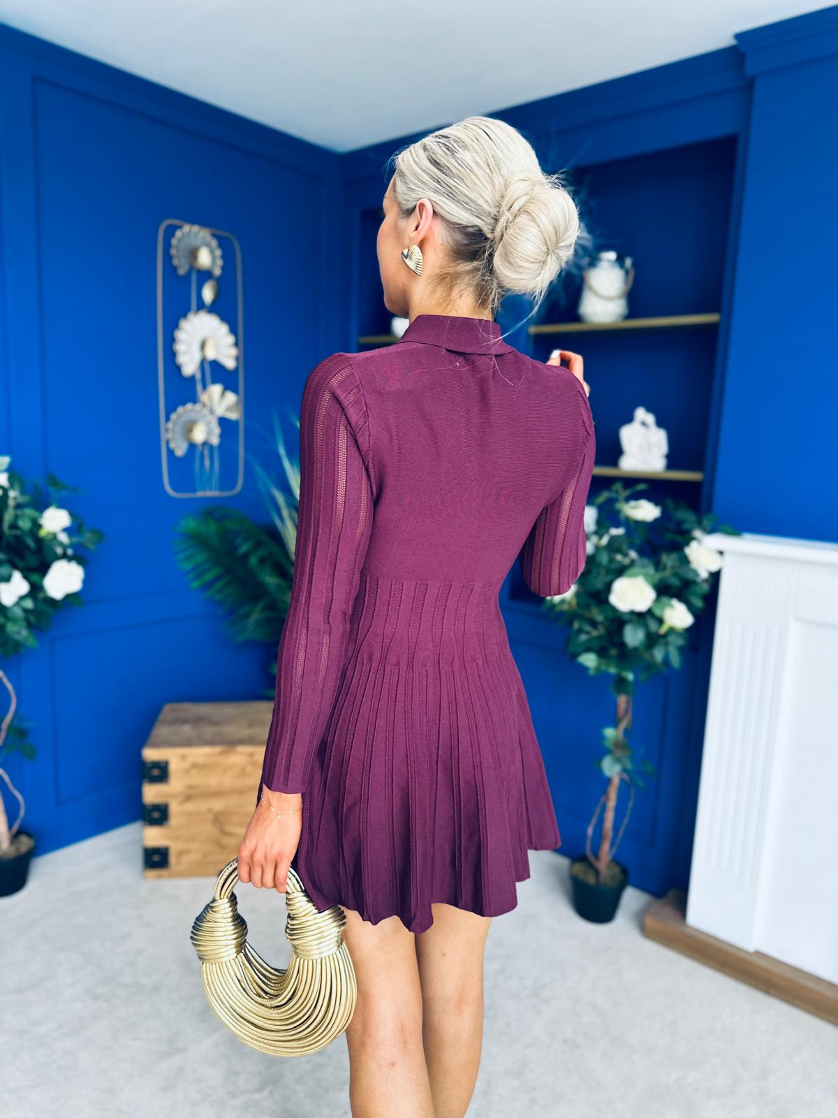 Rhea Button Detail Mini Dress Burgundy