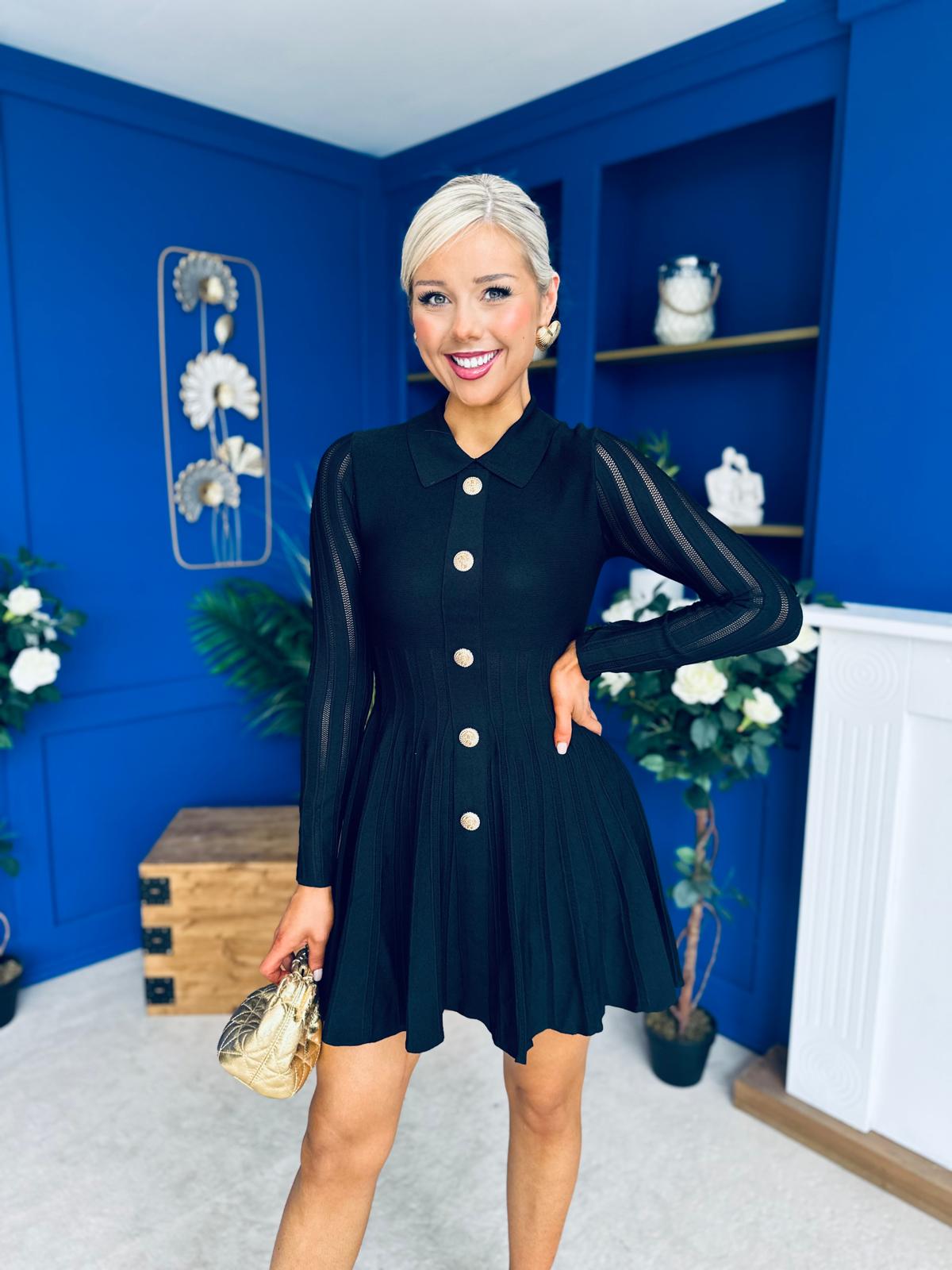 Rhea Button Detail Mini Dress Black
