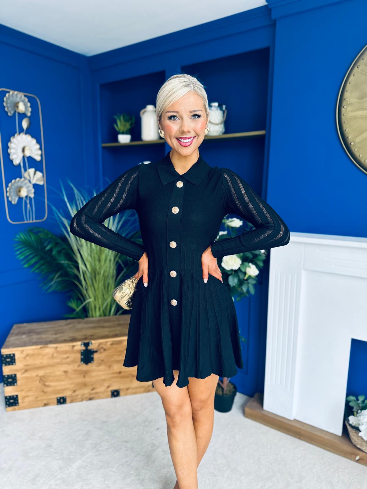 Rhea Button Detail Mini Dress Black