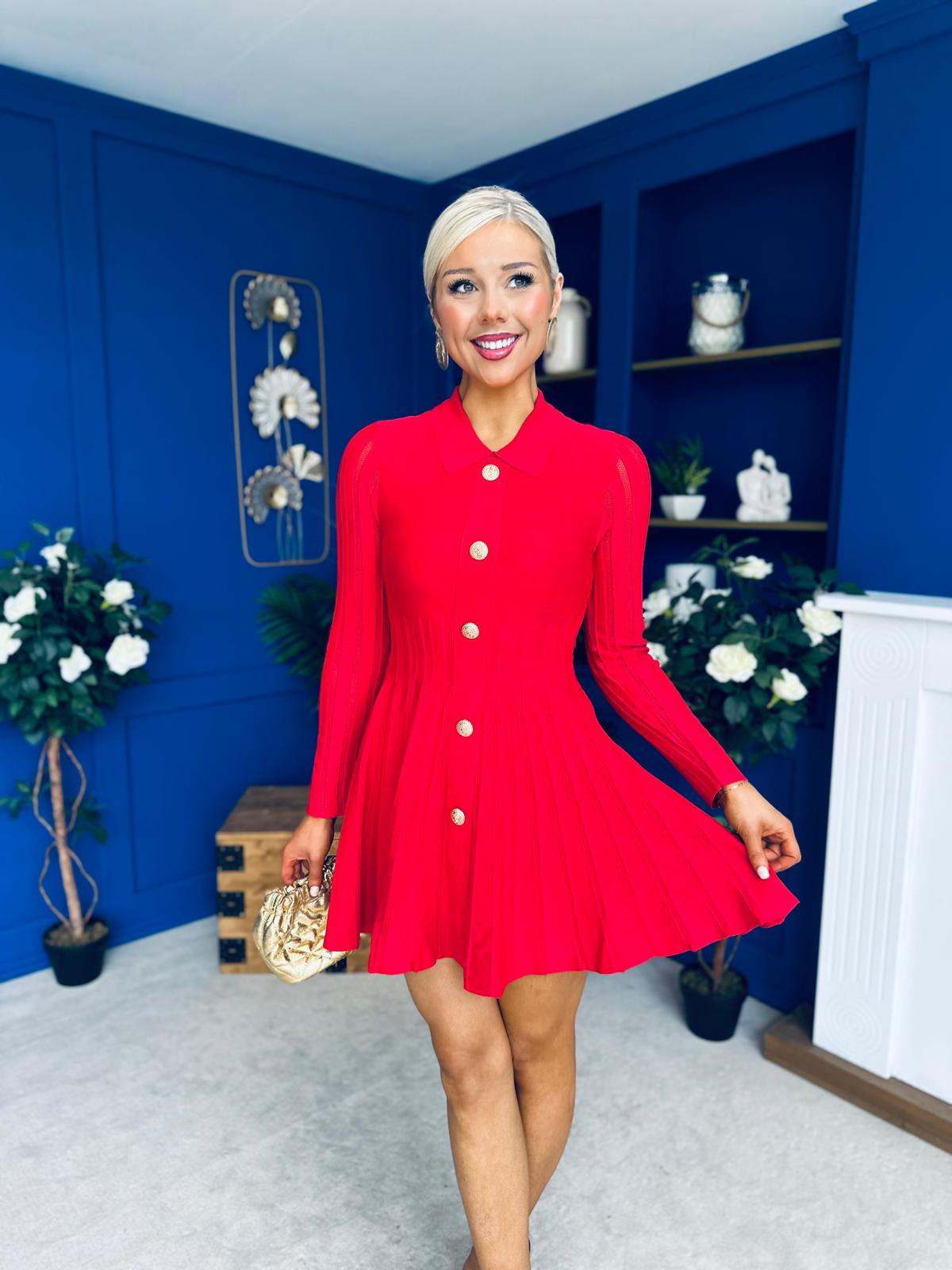 Rhea Button Detail Mini Dress Red