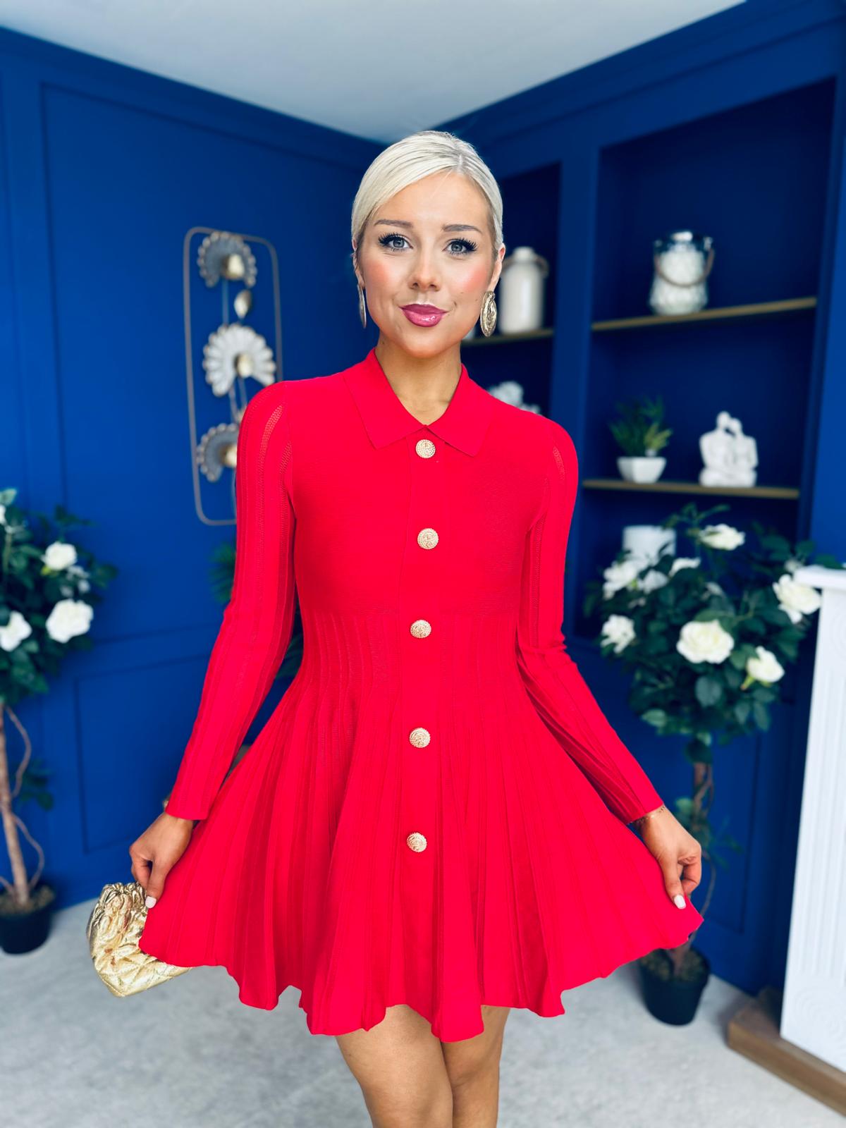 Rhea Button Detail Mini Dress Red
