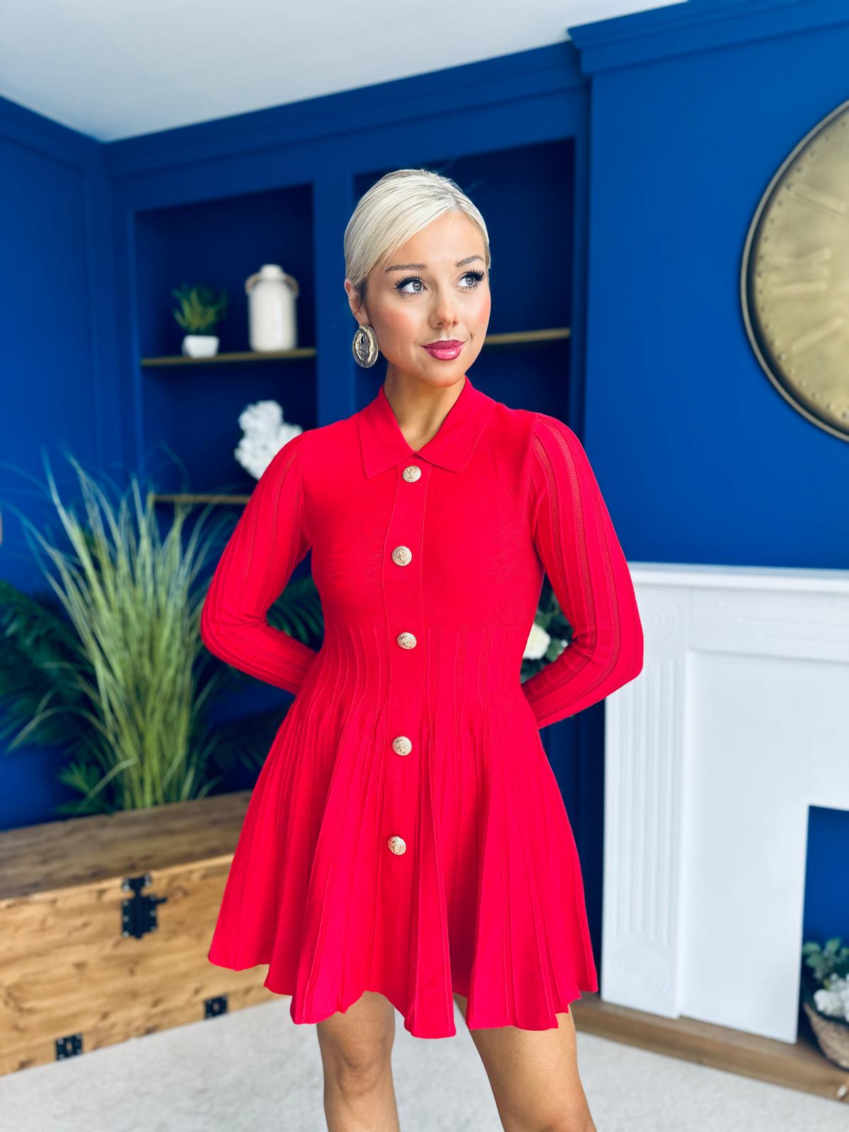 Rhea Button Detail Mini Dress Red