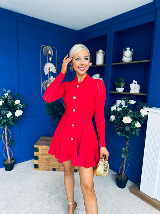 Rhea Button Detail Mini Dress Red