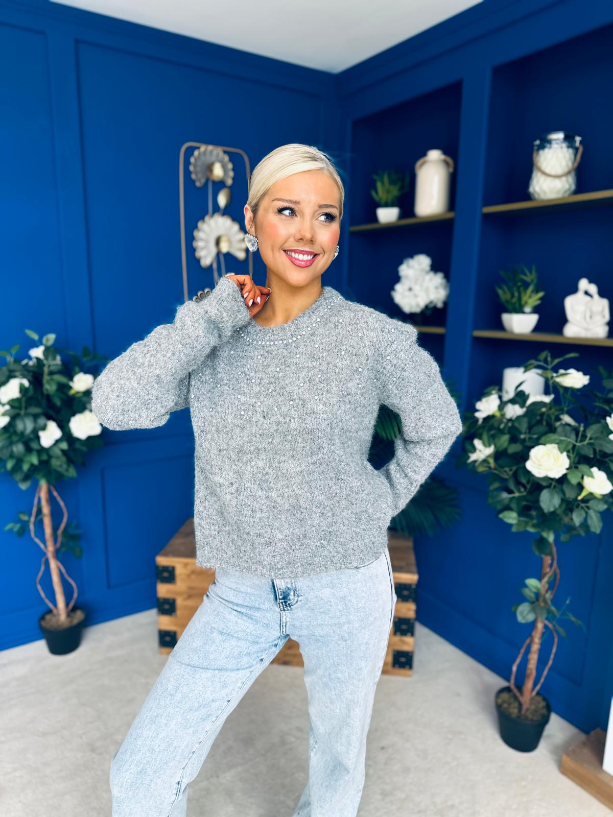 Diane Embellished Knit Jumper Grey