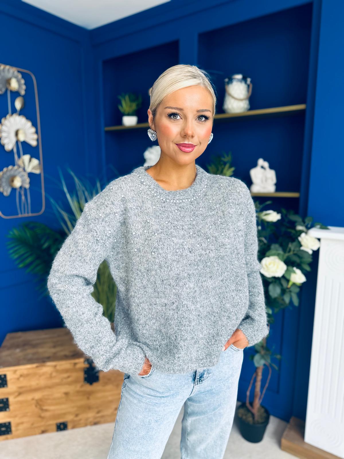 Diane Embellished Knit Jumper Grey