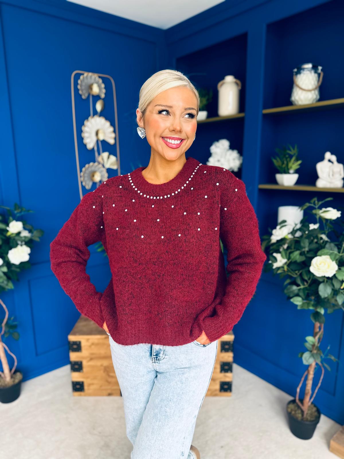 Diane Embellished Knit Jumper Wine