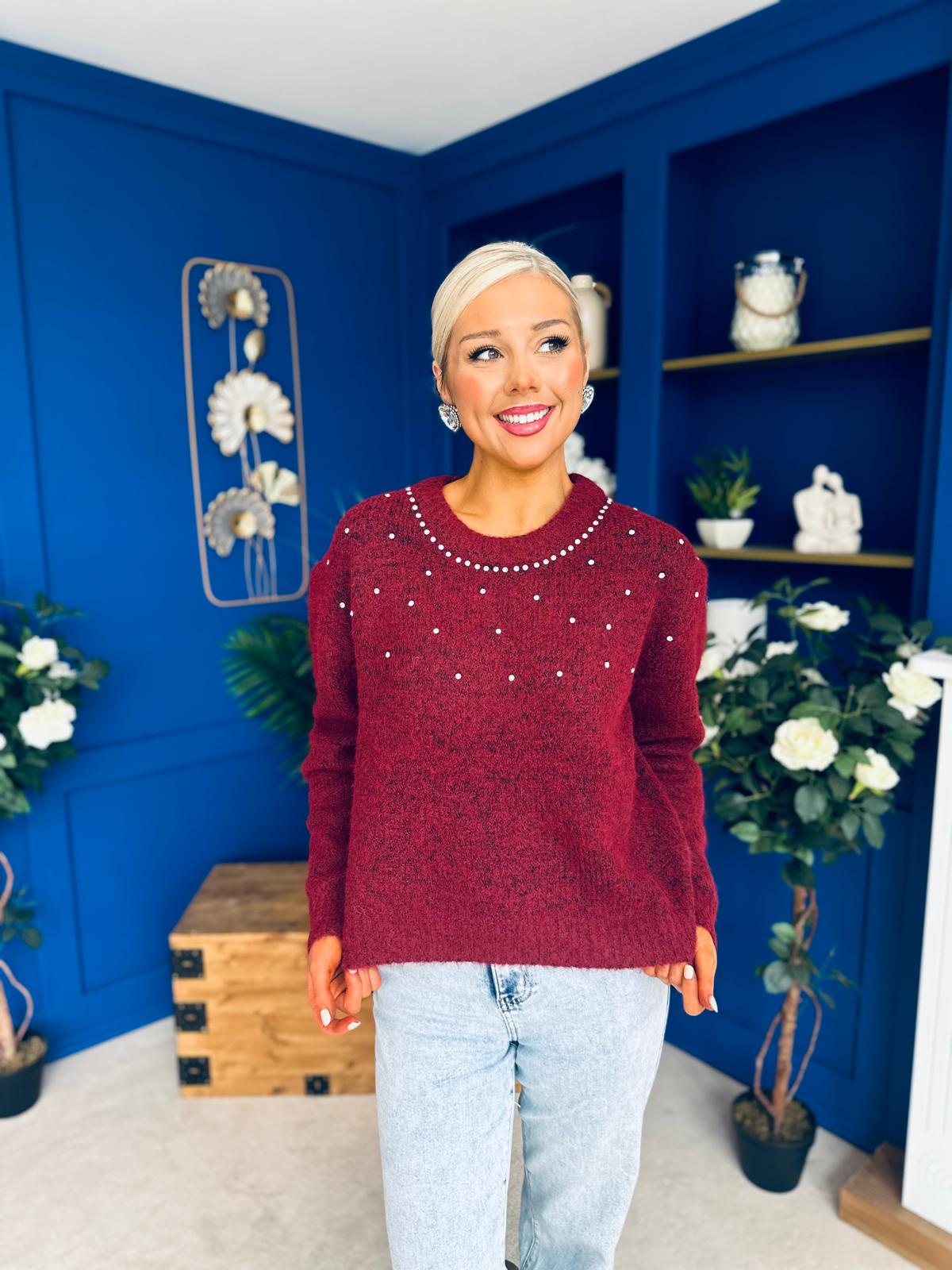 Diane Embellished Knit Jumper Wine