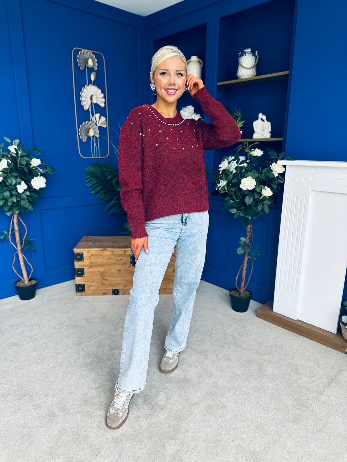 Diane Embellished Knit Jumper Wine