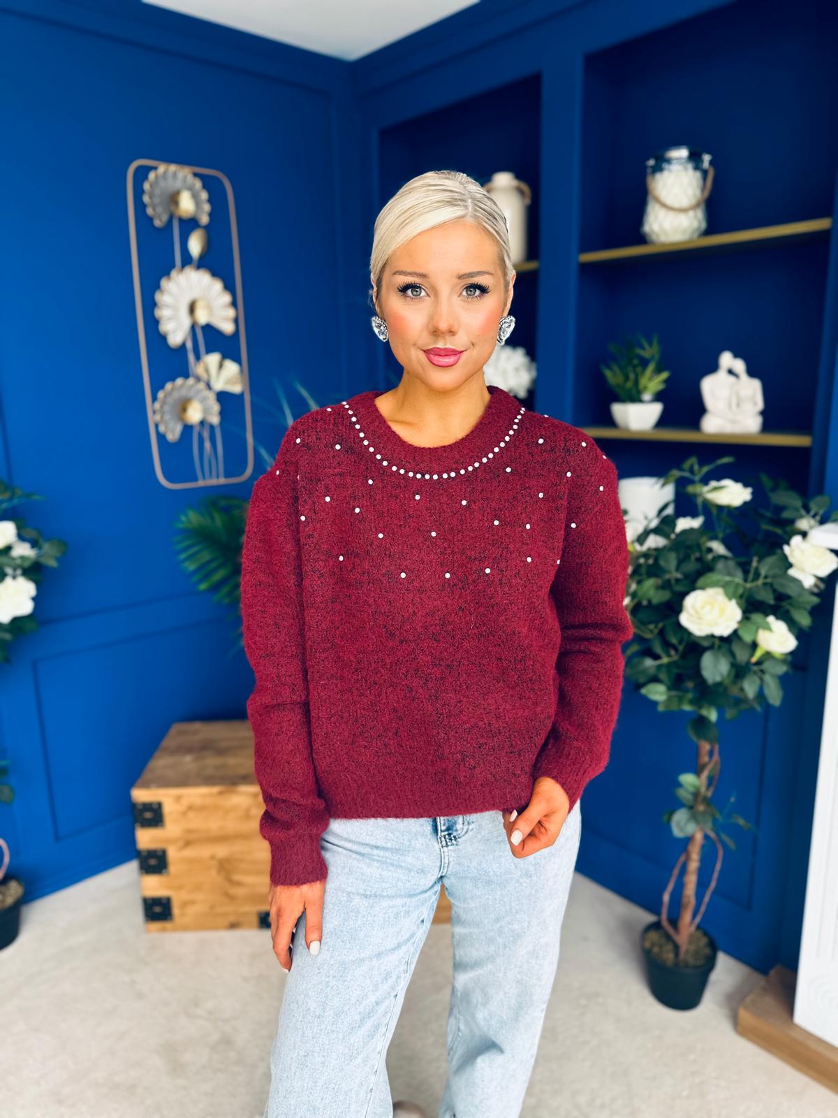 Diane Embellished Knit Jumper Wine