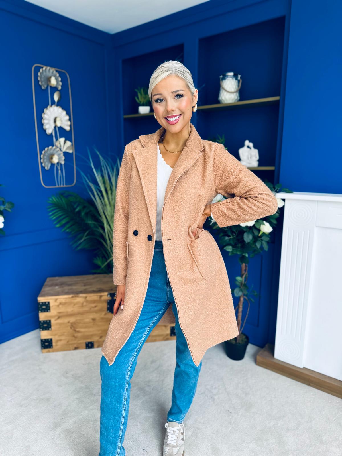 Cassia Detailed Teddy Coat Camel
