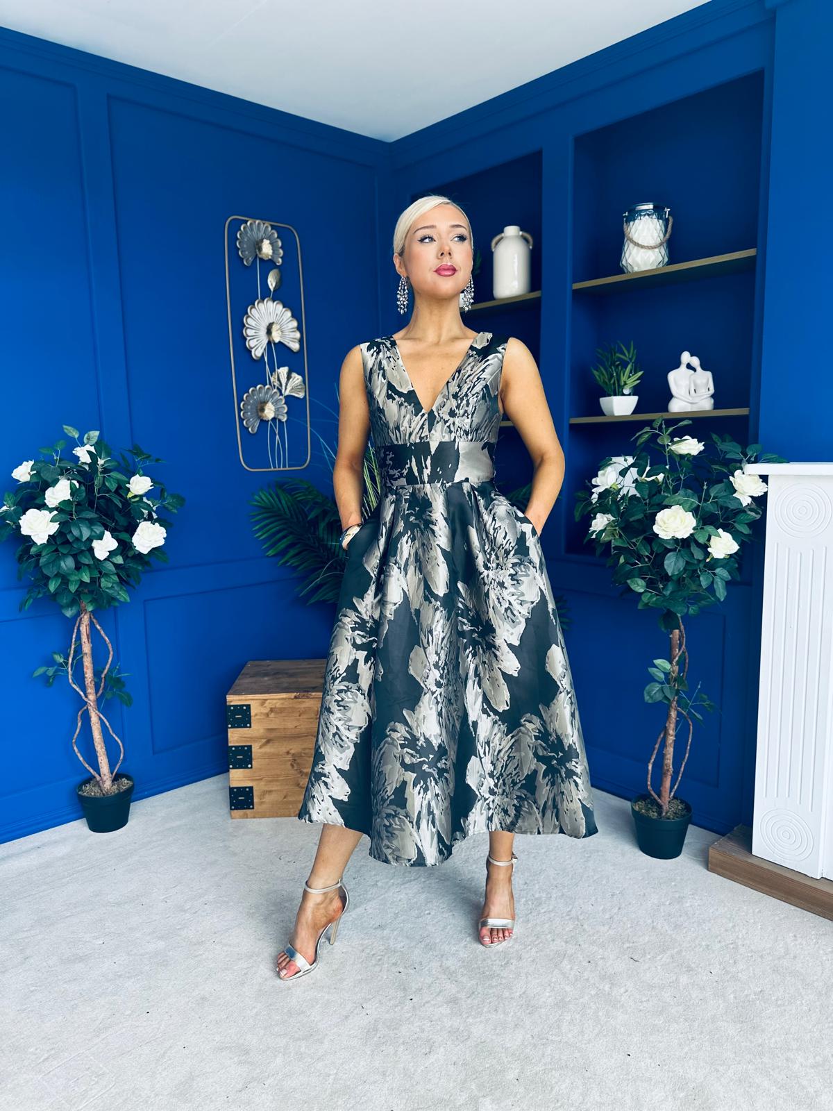 Jessi Black & Gold Jacquard V Neck Midi Dress