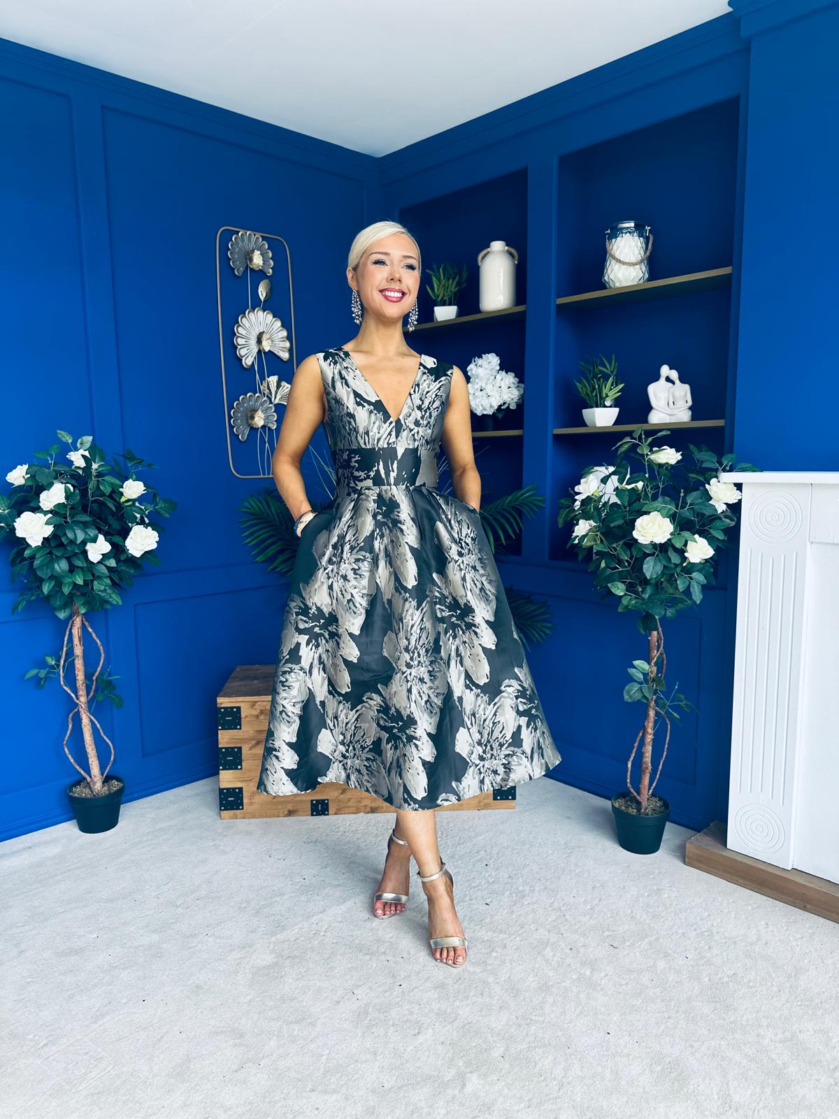 Jessi Black & Gold Jacquard V Neck Midi Dress