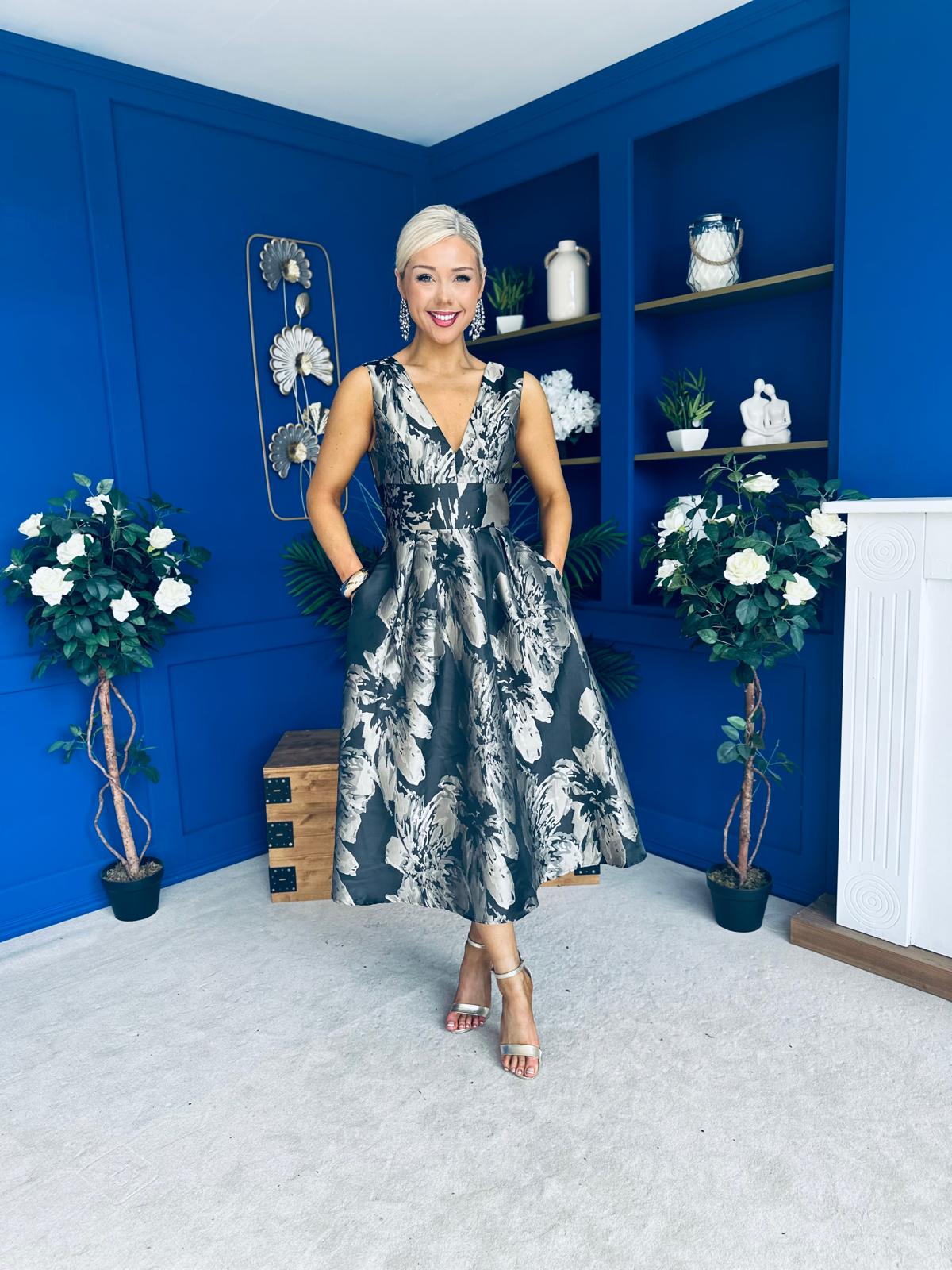 Jessi Black & Gold Jacquard V Neck Midi Dress