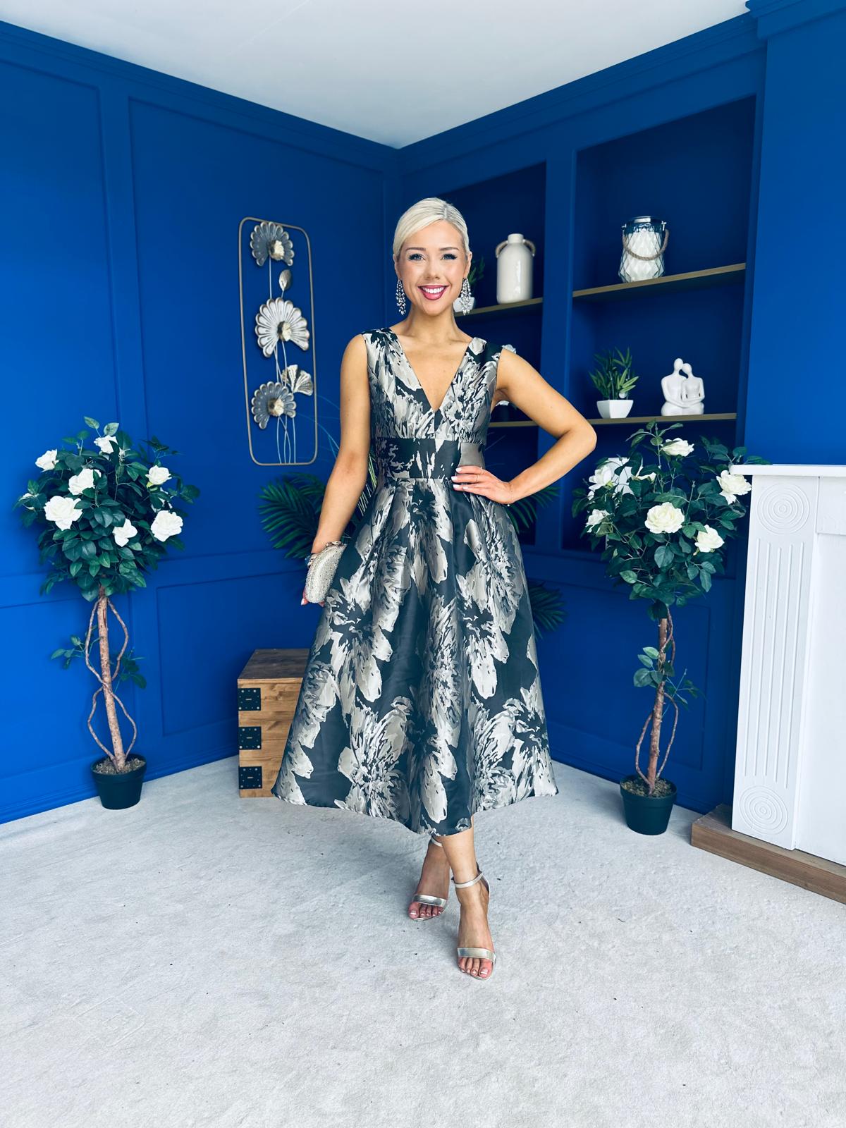 Jessi Black & Gold Jacquard V Neck Midi Dress