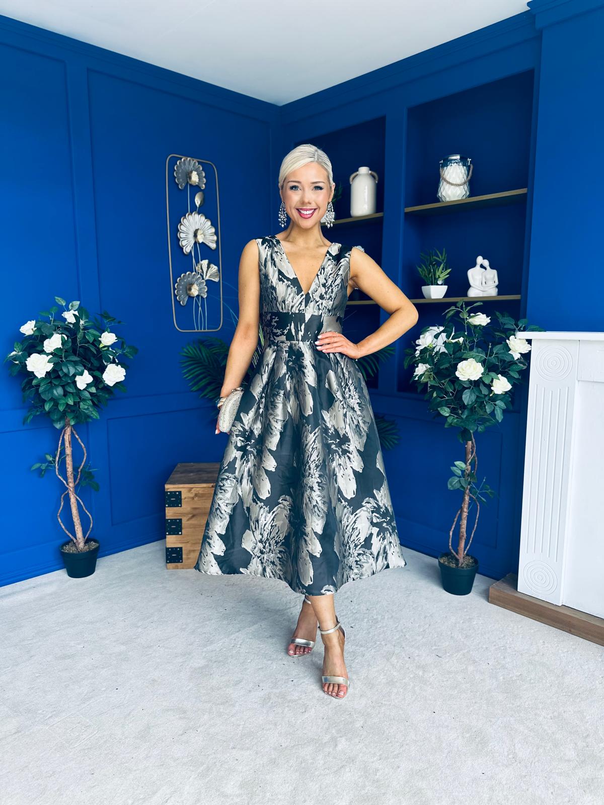 Jessi Black & Gold Jacquard V Neck Midi Dress