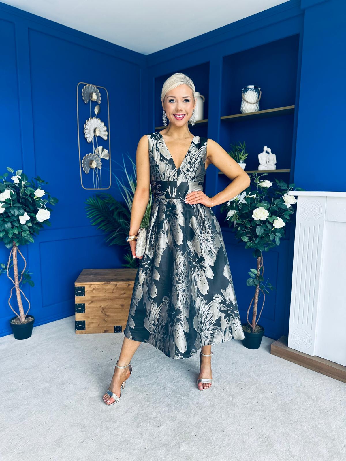 Jessi Black & Gold Jacquard V Neck Midi Dress