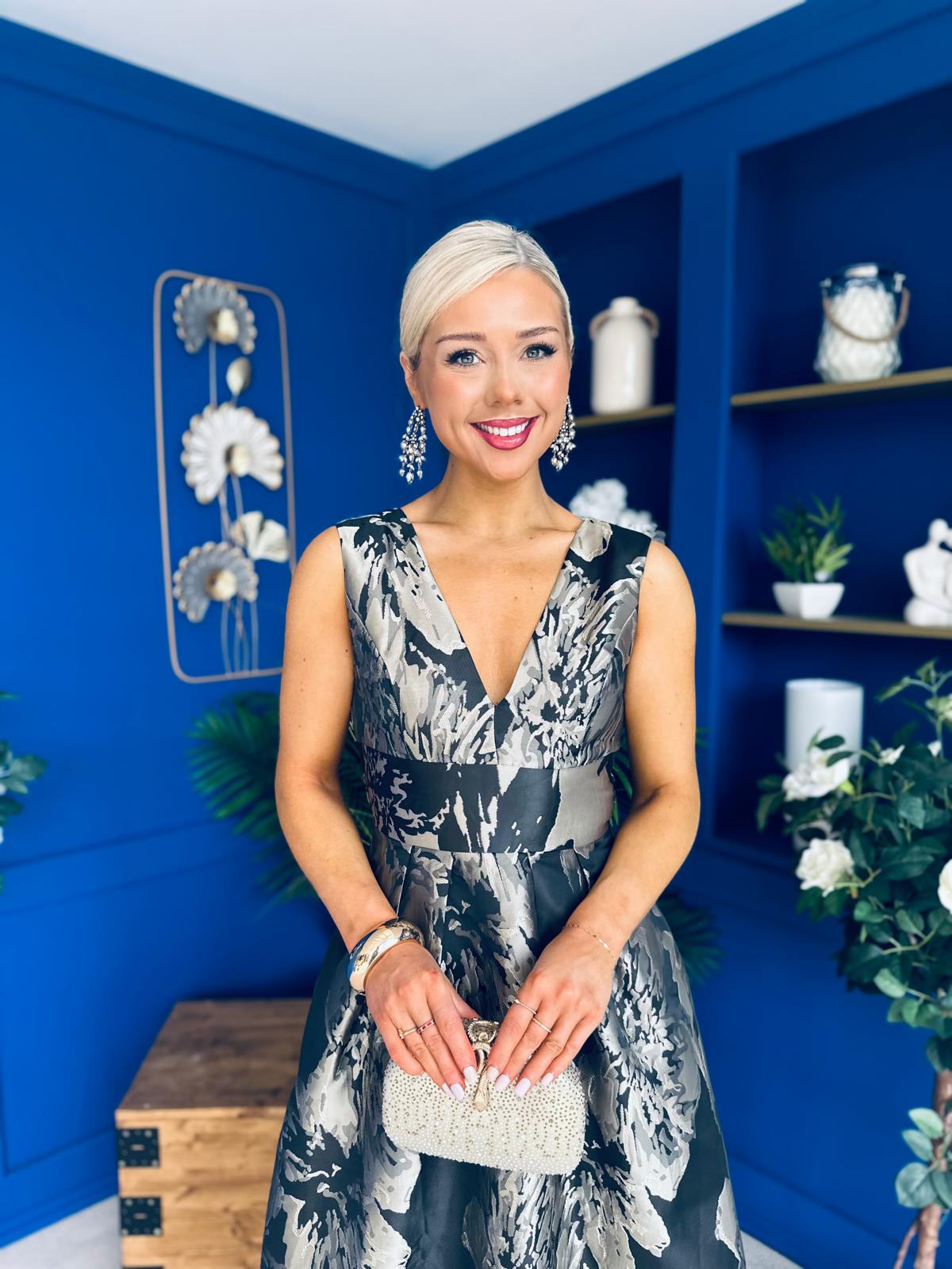 Jessi Black & Gold Jacquard V Neck Midi Dress