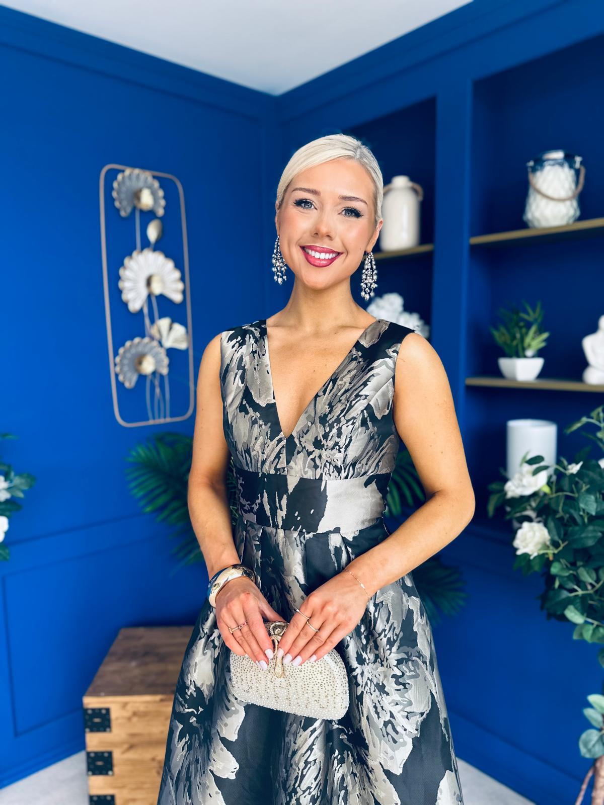 Jessi Black & Gold Jacquard V Neck Midi Dress