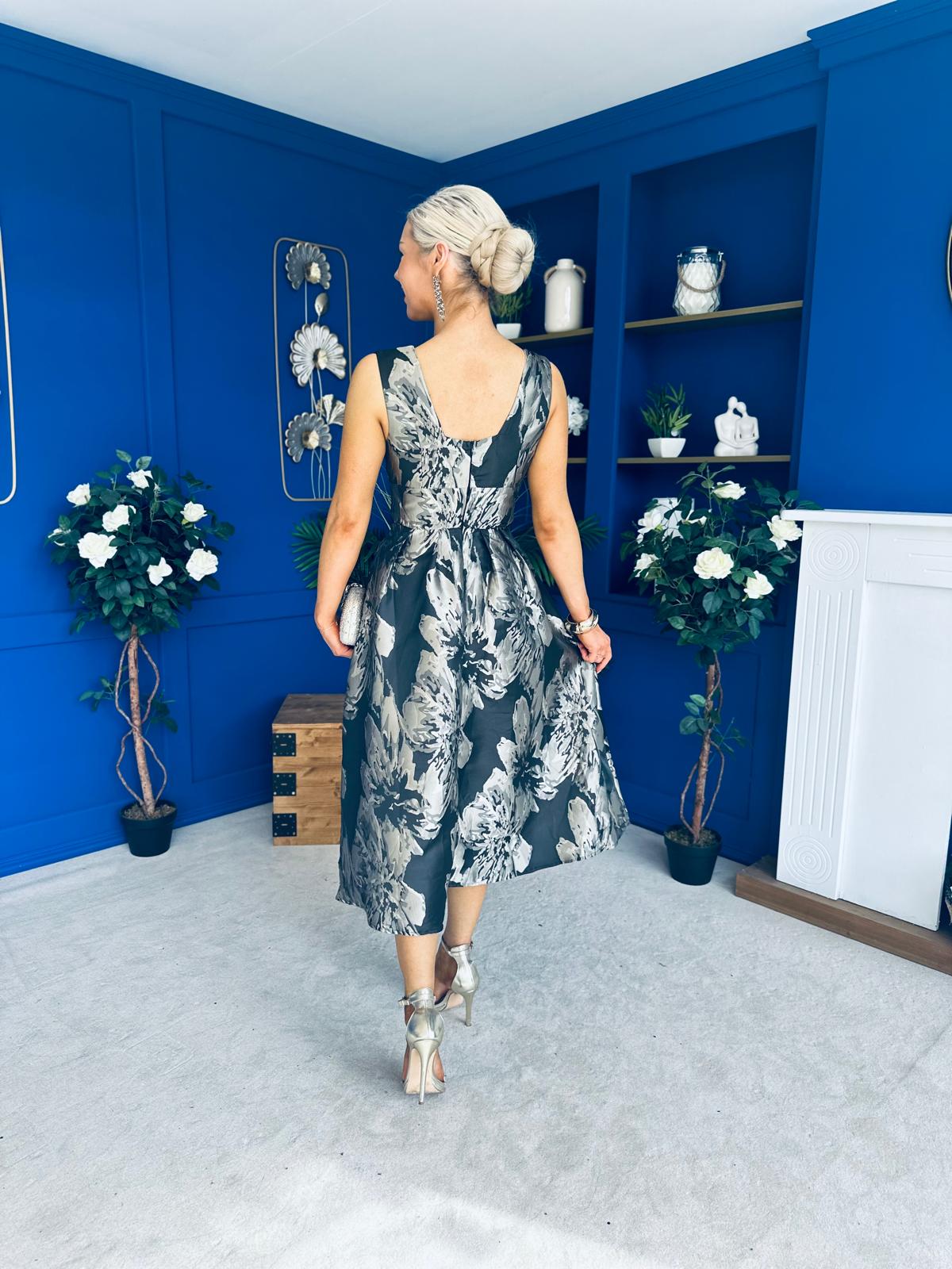 Jessi Black & Gold Jacquard V Neck Midi Dress