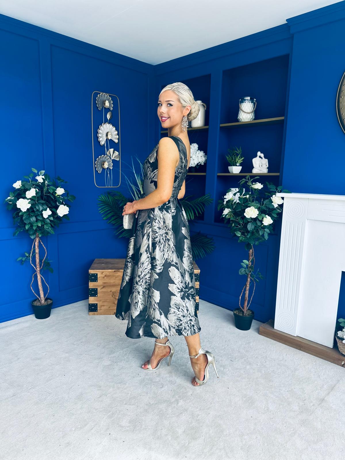 Jessi Black & Gold Jacquard V Neck Midi Dress