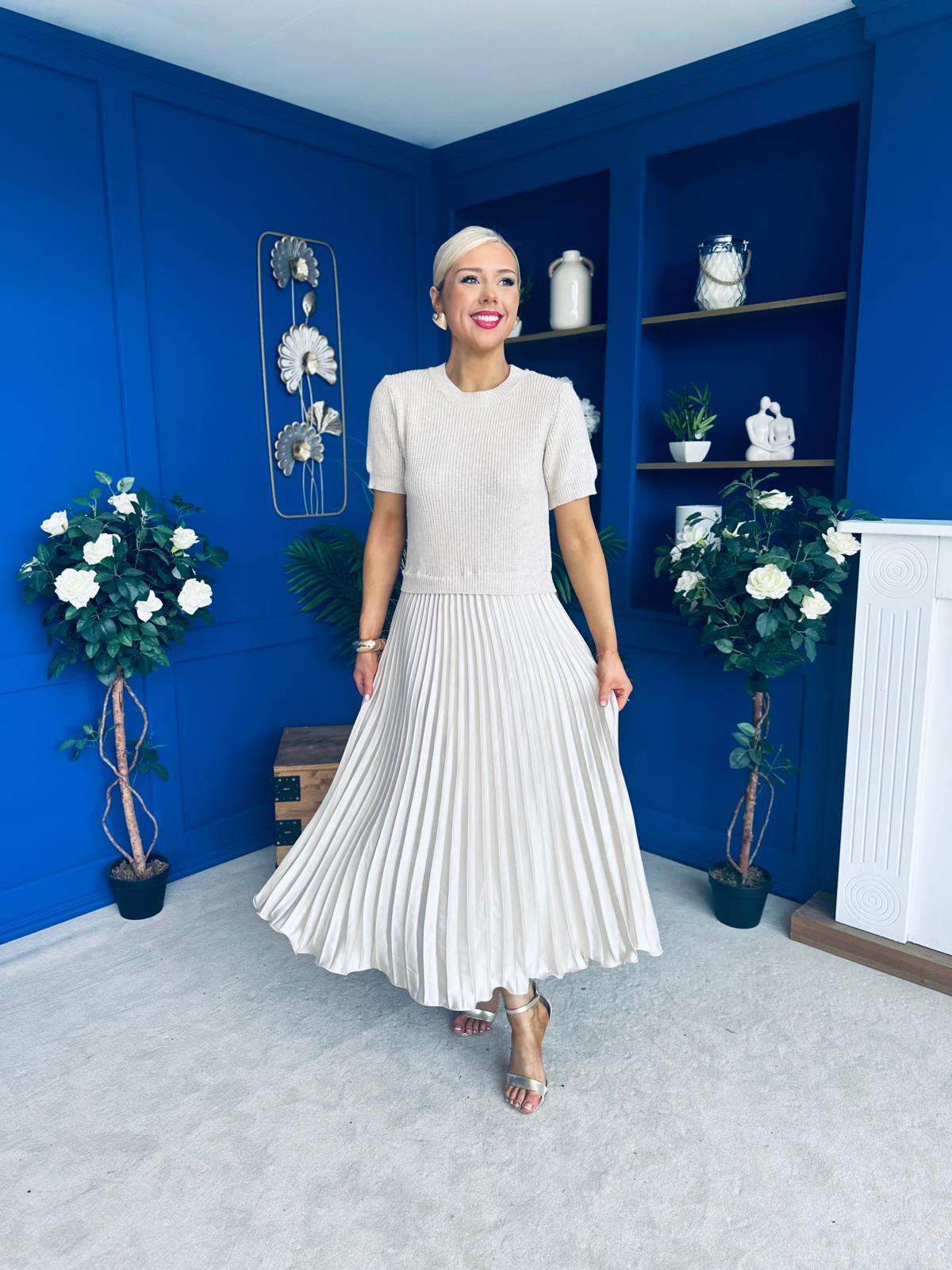 Jane Knit & Satin Midi Dress Beige