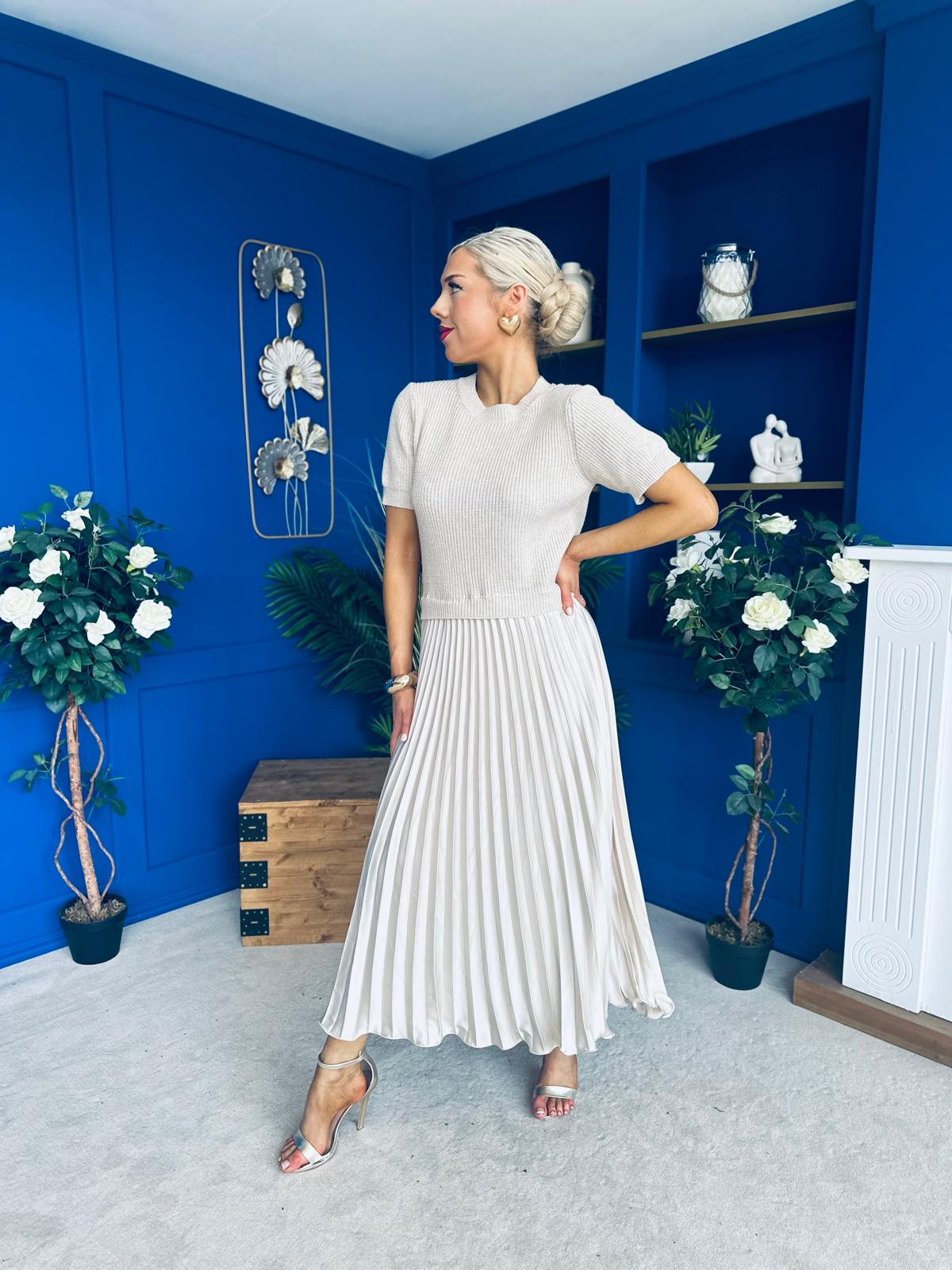 Jane Knit & Satin Midi Dress Beige