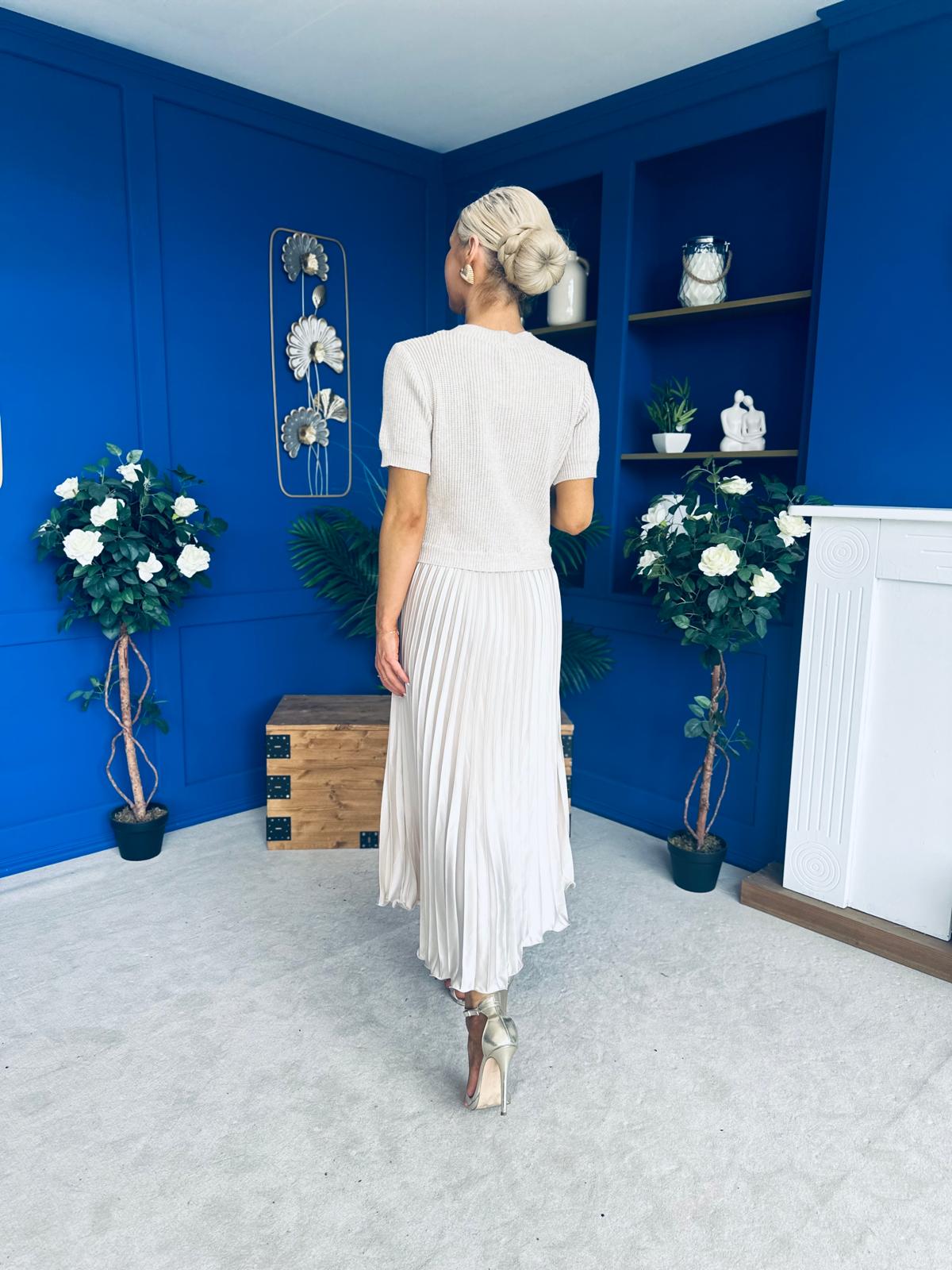 Jane Knit & Satin Midi Dress Beige