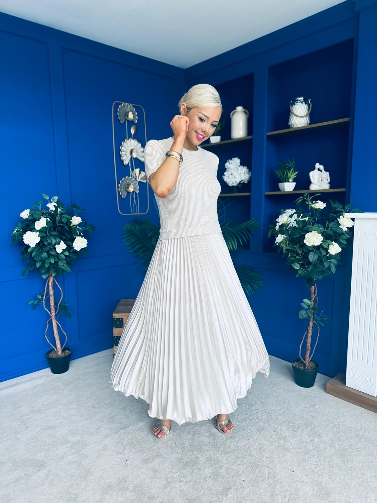 Jane Knit & Satin Midi Dress Beige