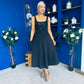 Syrena Floral Embroidery Square Neckline Midi Dress Black