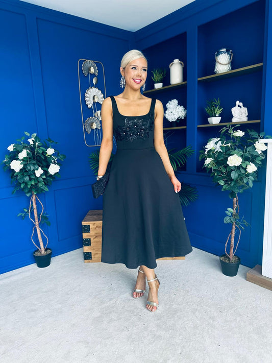 Syrena Floral Embroidery Square Neckline Midi Dress Black