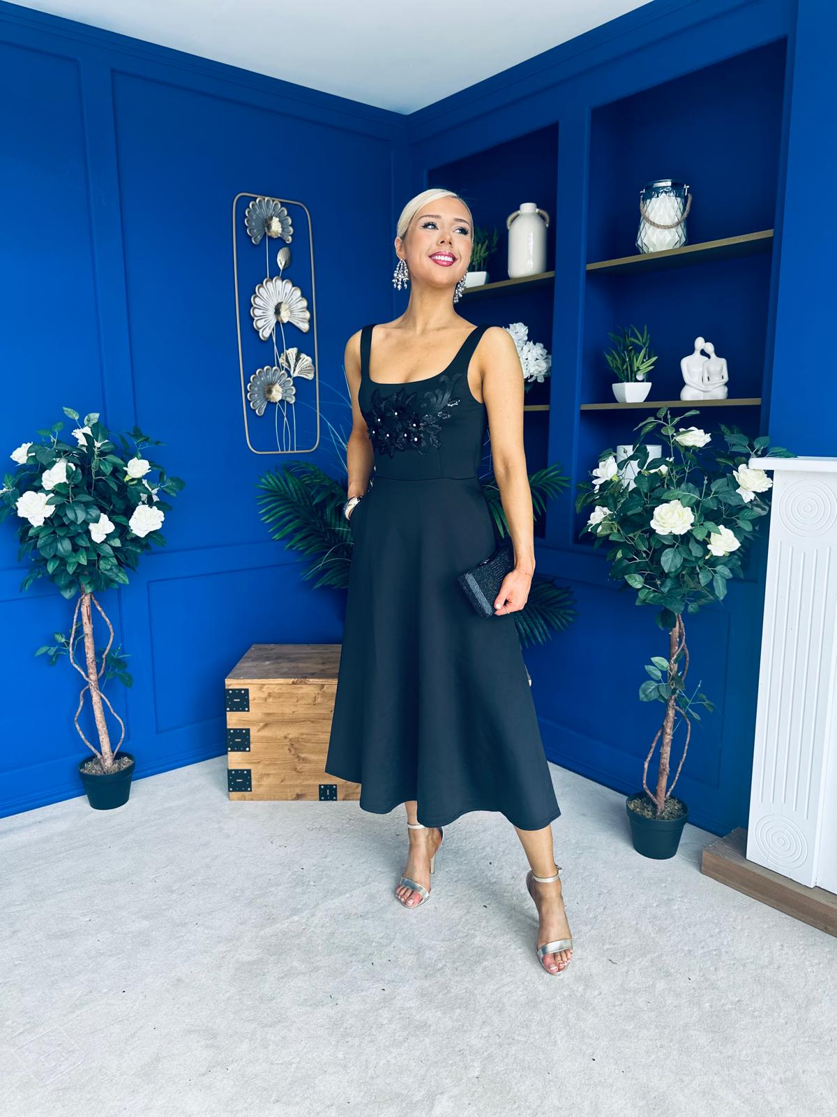 Syrena Floral Embroidery Square Neckline Midi Dress Black