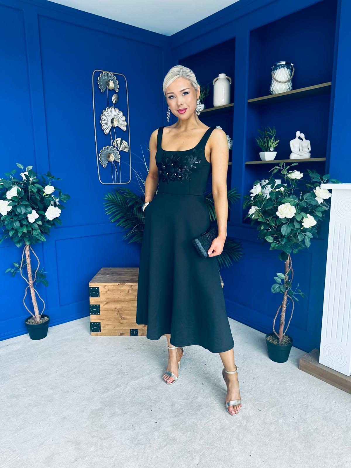 Syrena Floral Embroidery Square Neckline Midi Dress Black