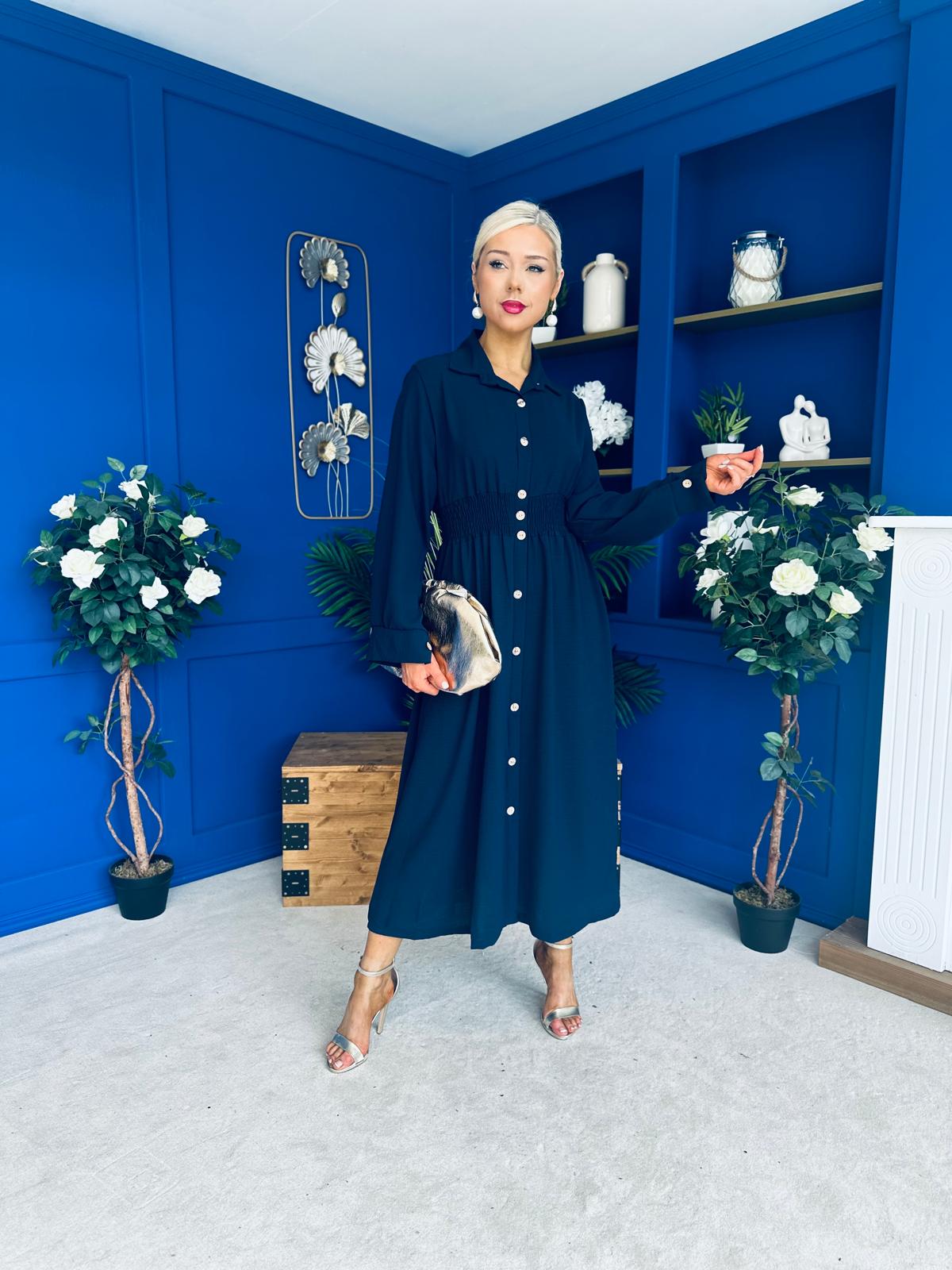Brooke Button Detail Midi Dress Navy