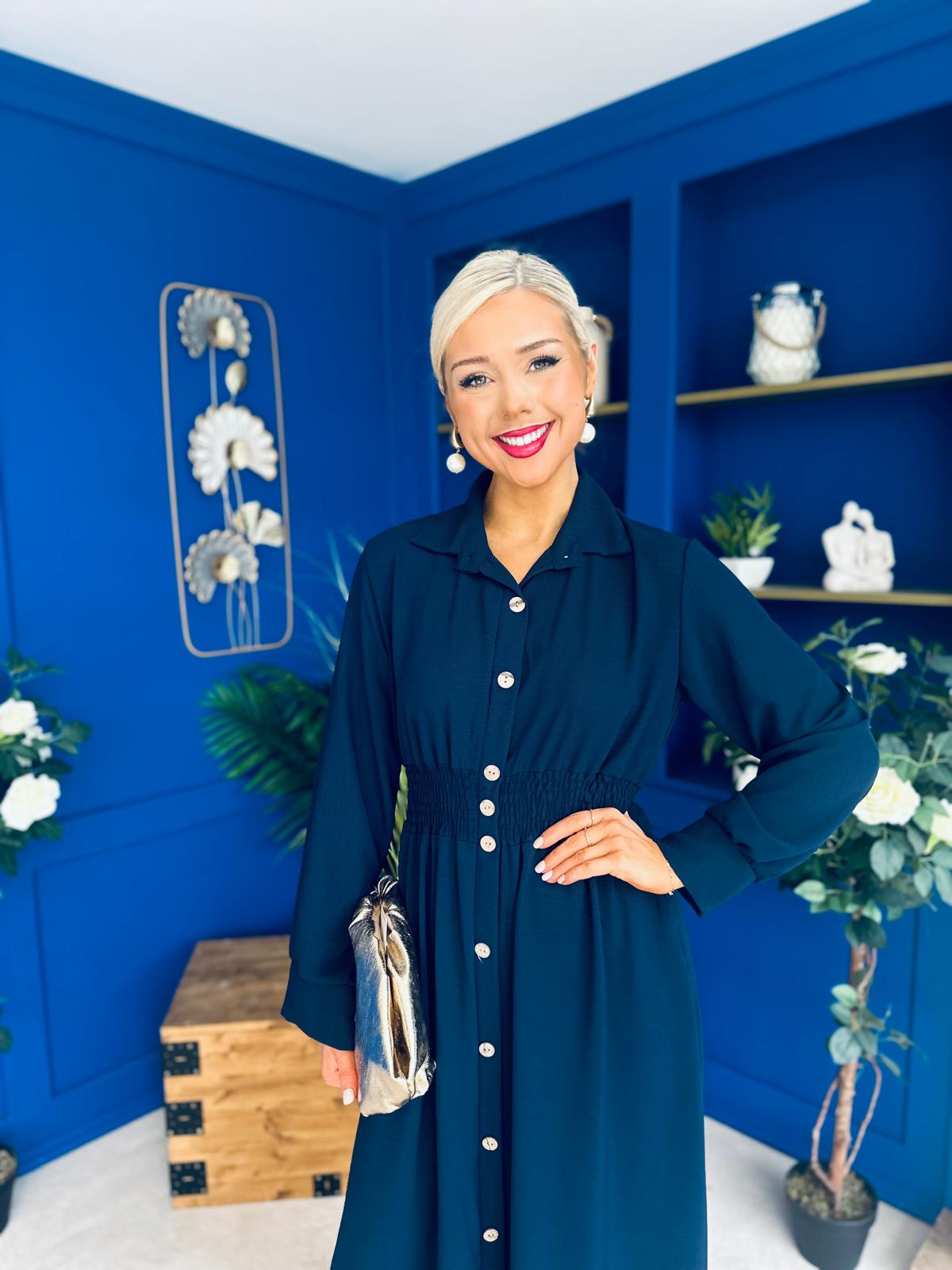 Brooke Button Detail Midi Dress Navy