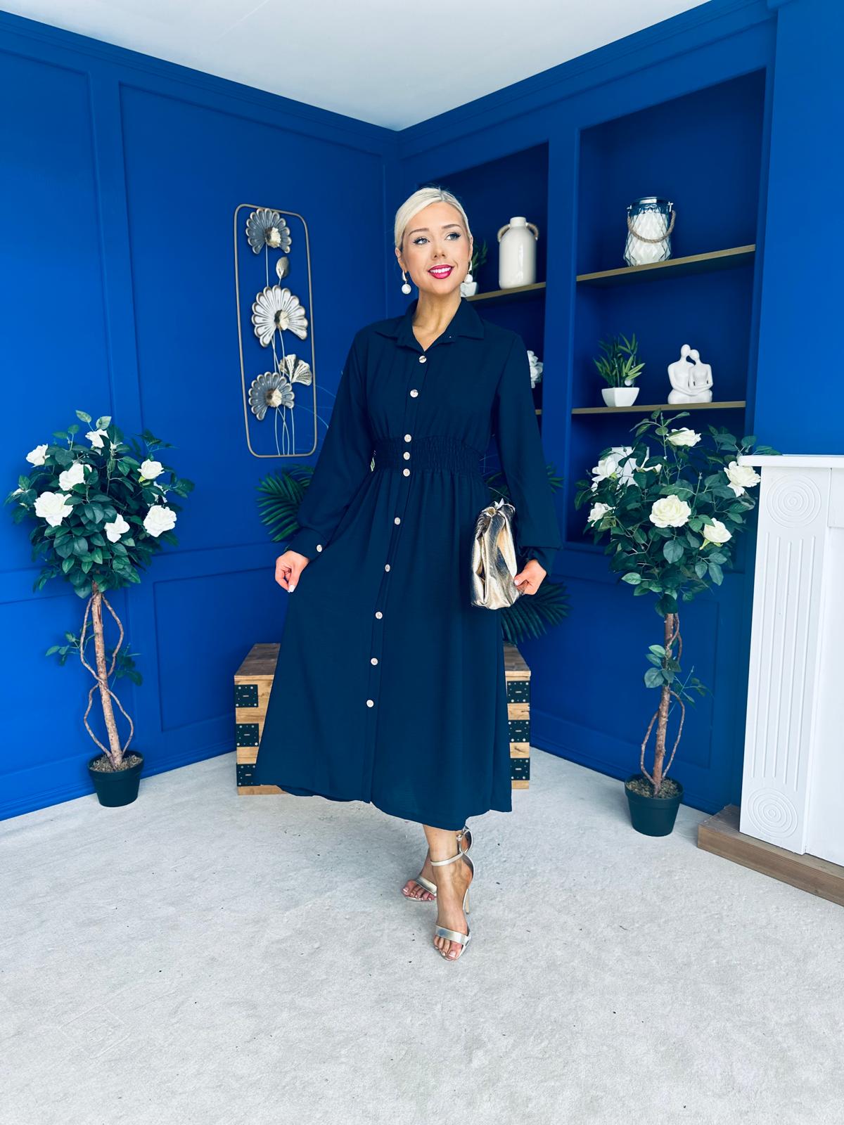 Brooke Button Detail Midi Dress Navy