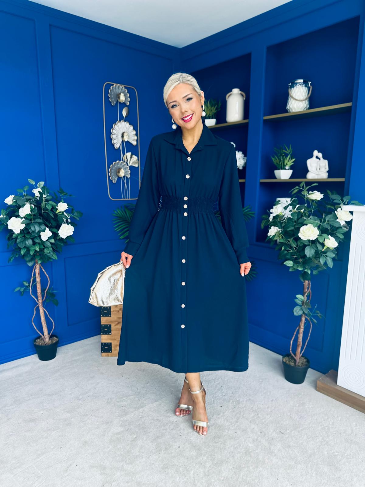 Brooke Button Detail Midi Dress Navy