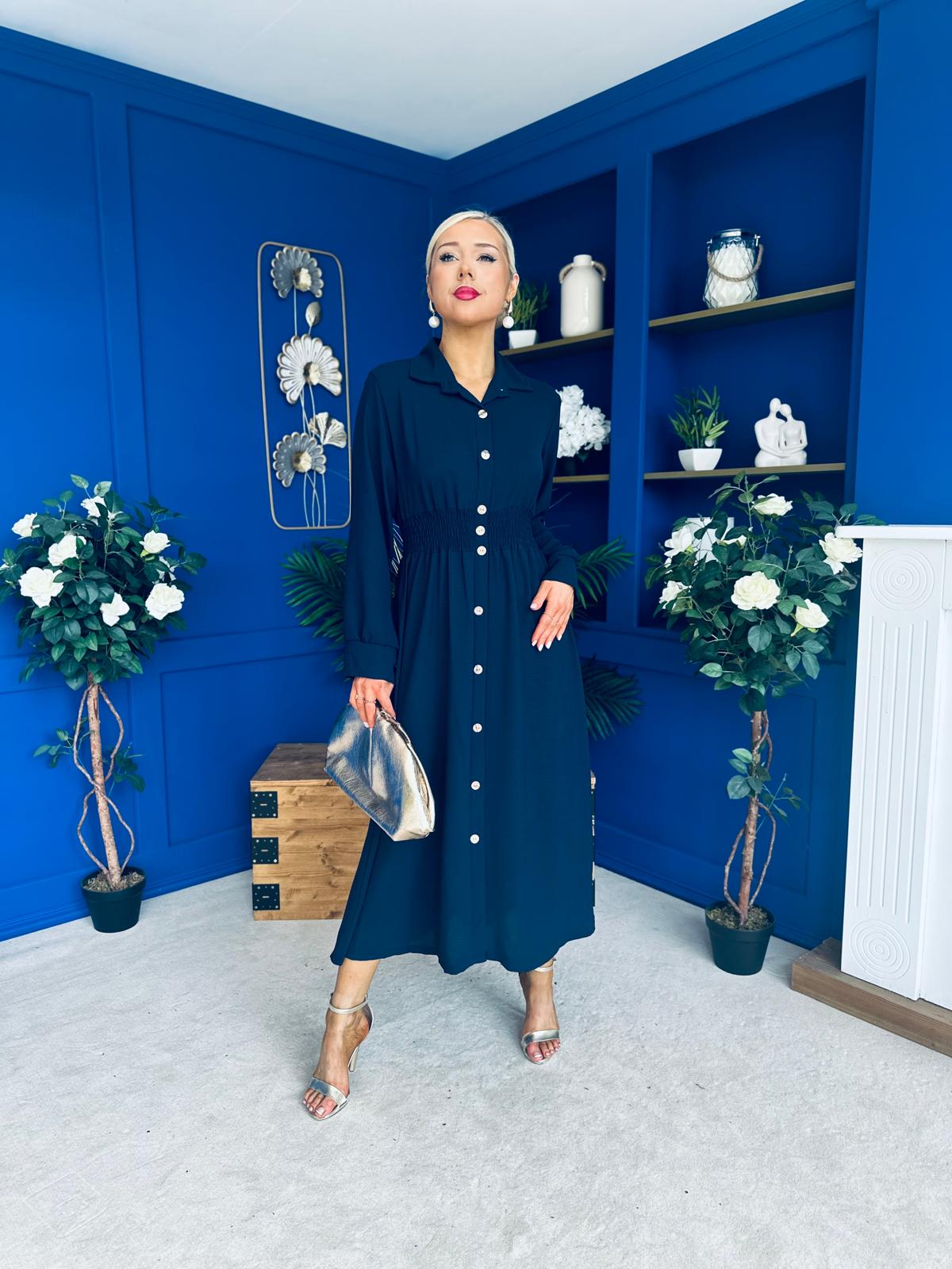 Brooke Button Detail Midi Dress Navy