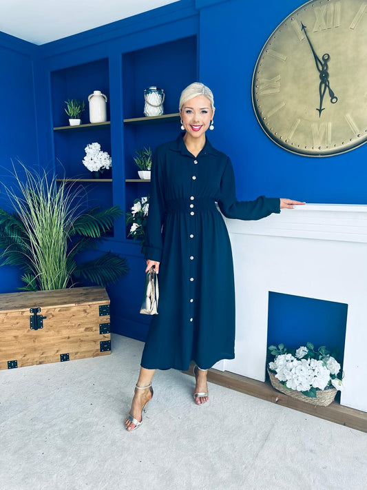 Brooke Button Detail Midi Dress Navy