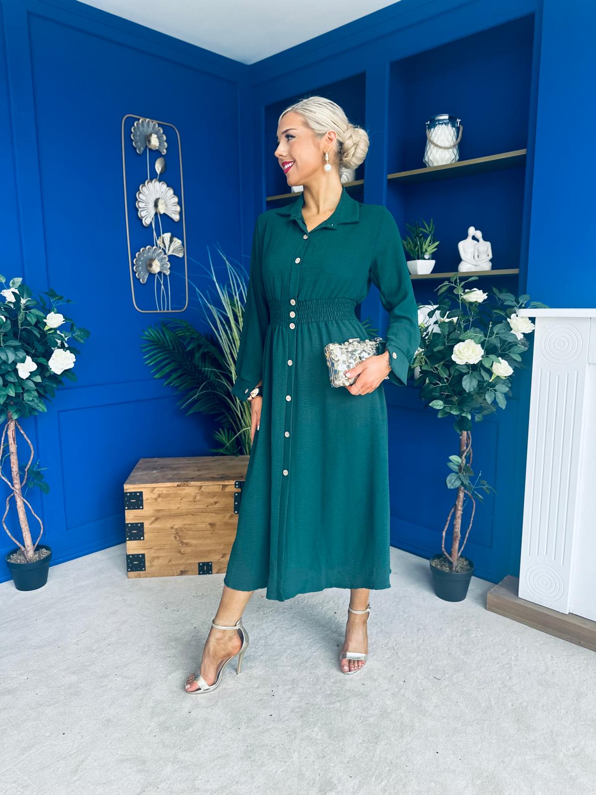 Brooke Button Detail Midi Dress Forest