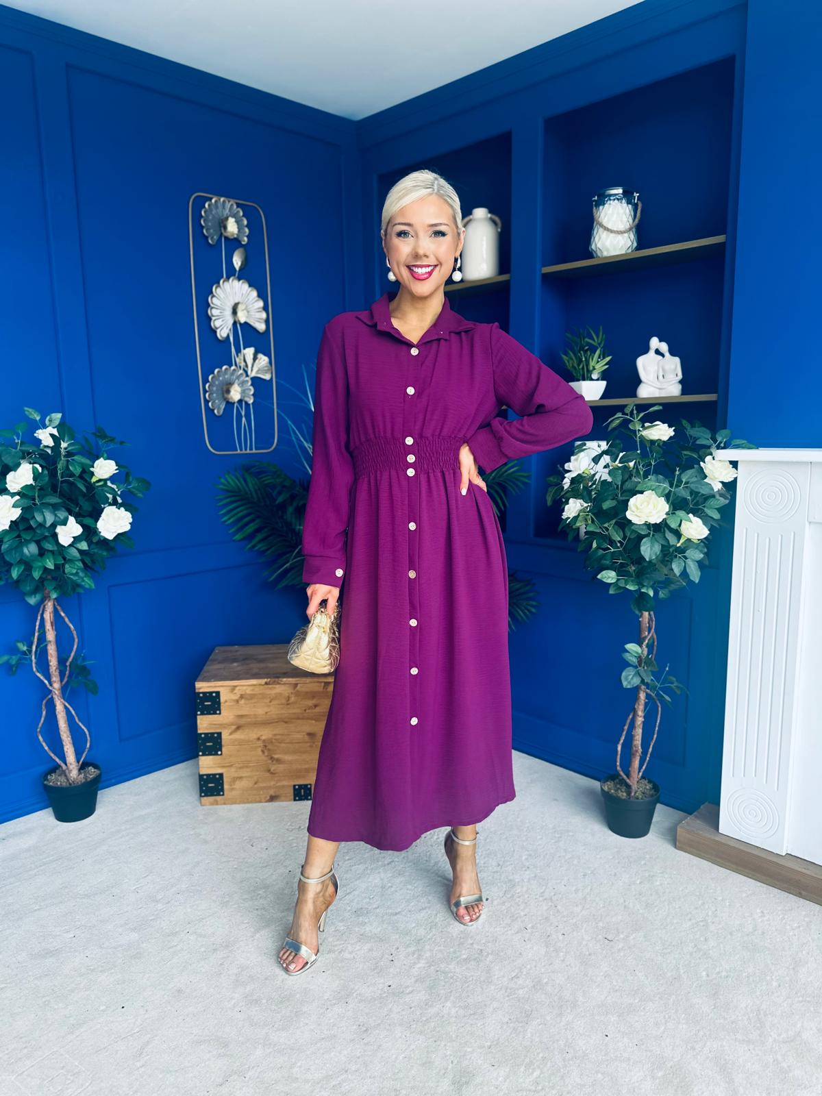Brooke Button Detail Midi Dress Berry