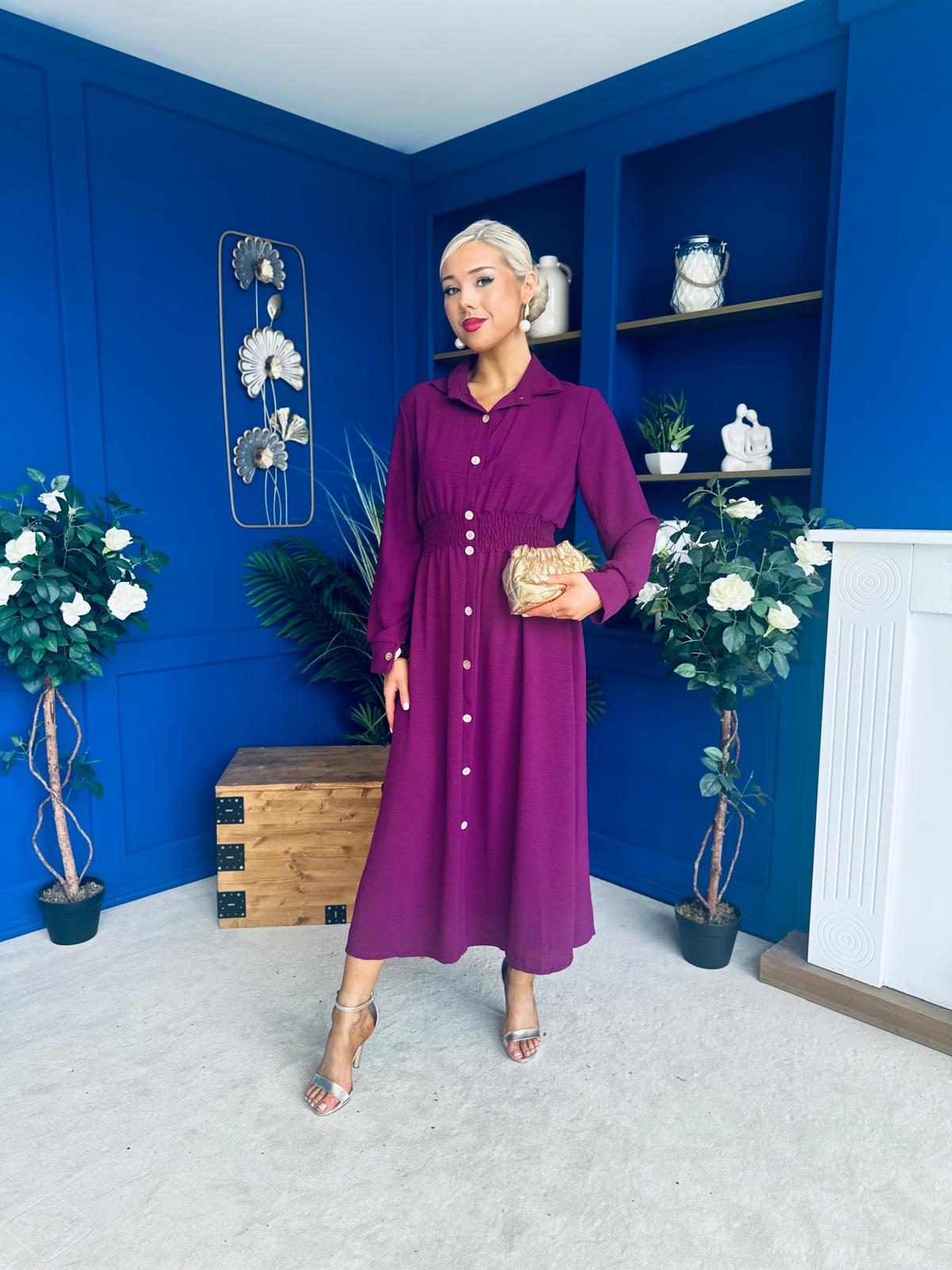 Brooke Button Detail Midi Dress Berry