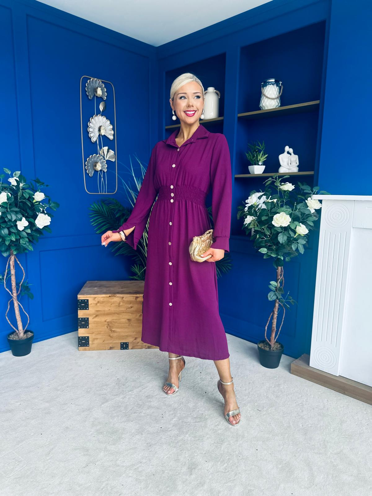 Brooke Button Detail Midi Dress Berry