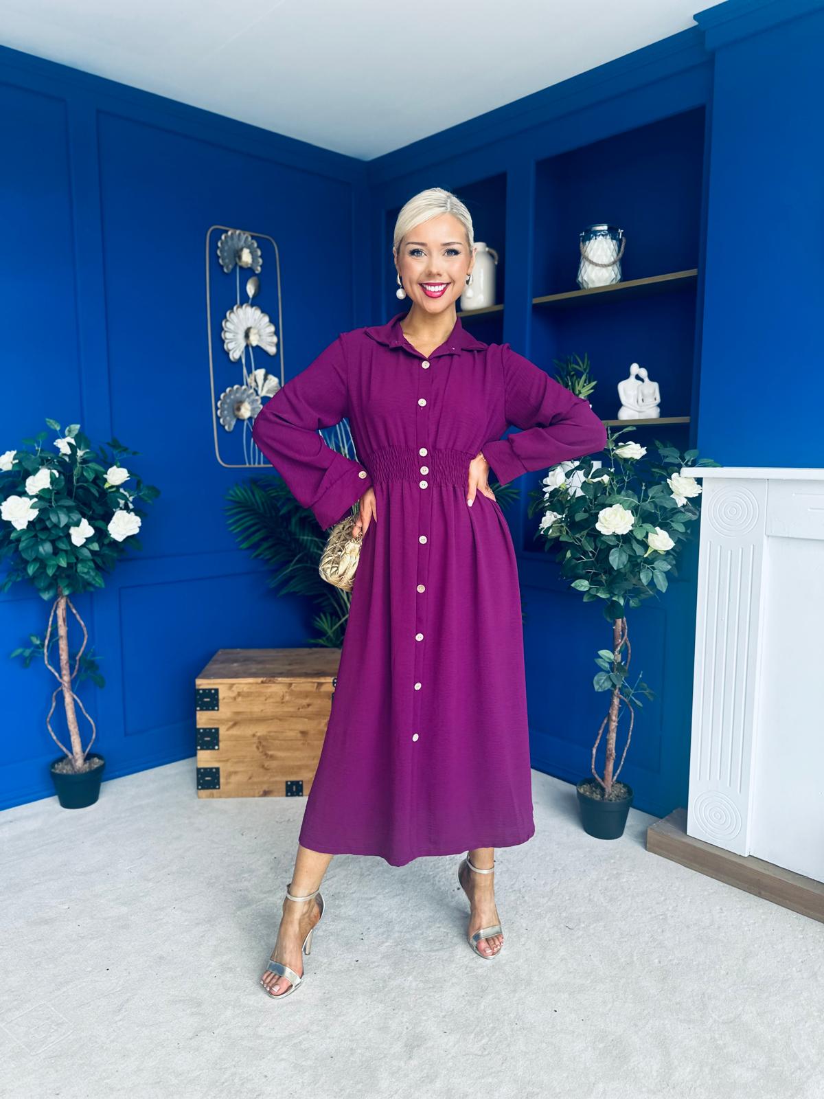 Brooke Button Detail Midi Dress Berry