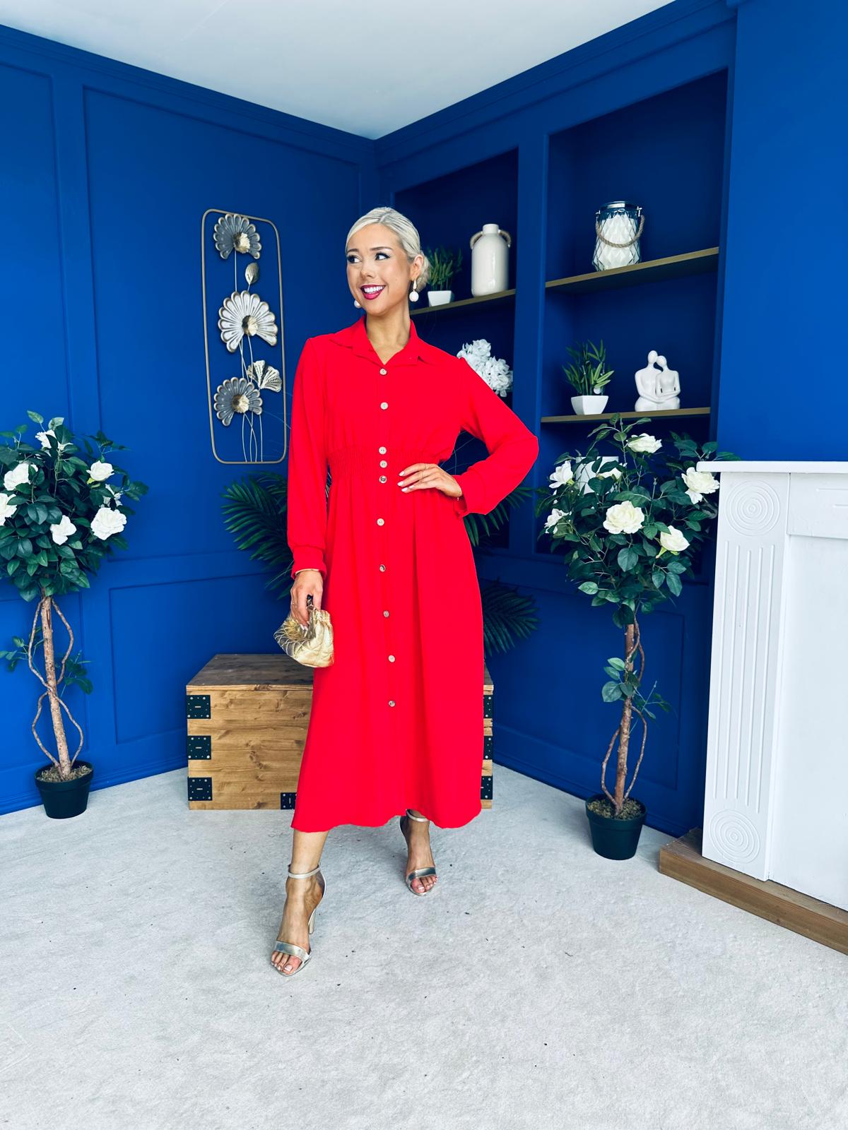 Brooke Button Detail Midi Dress Red