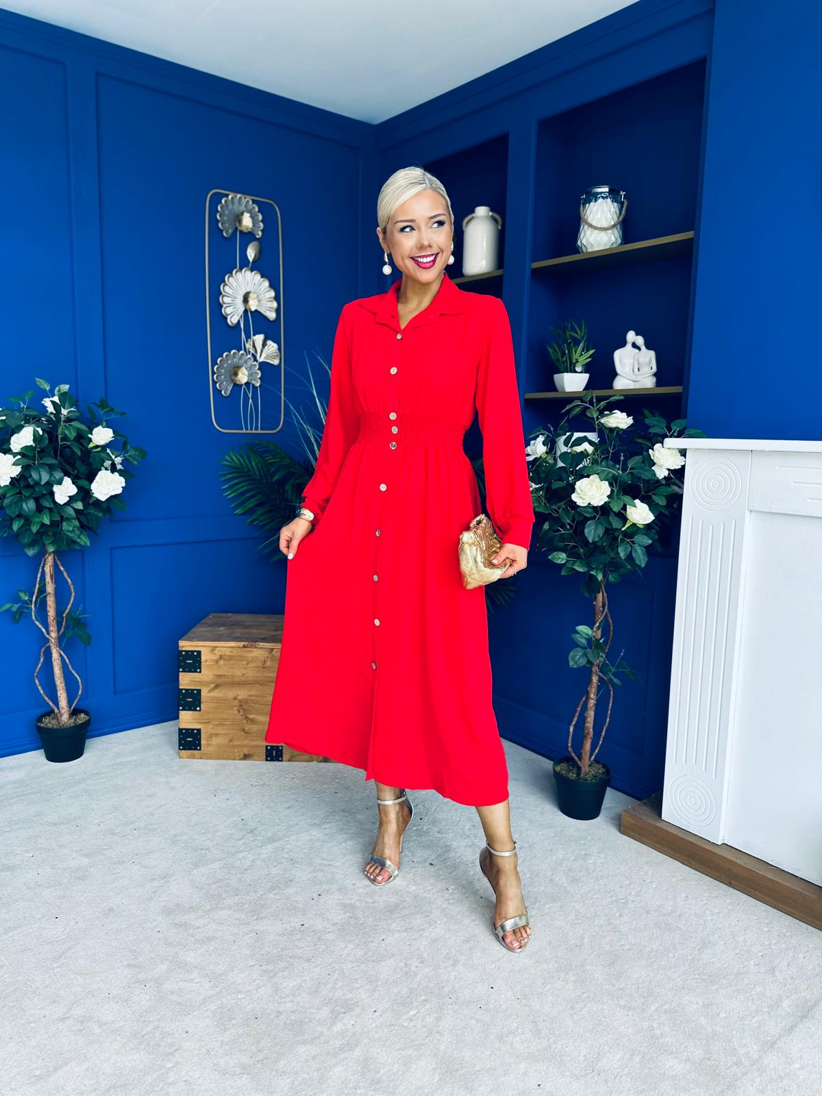 Brooke Button Detail Midi Dress Red